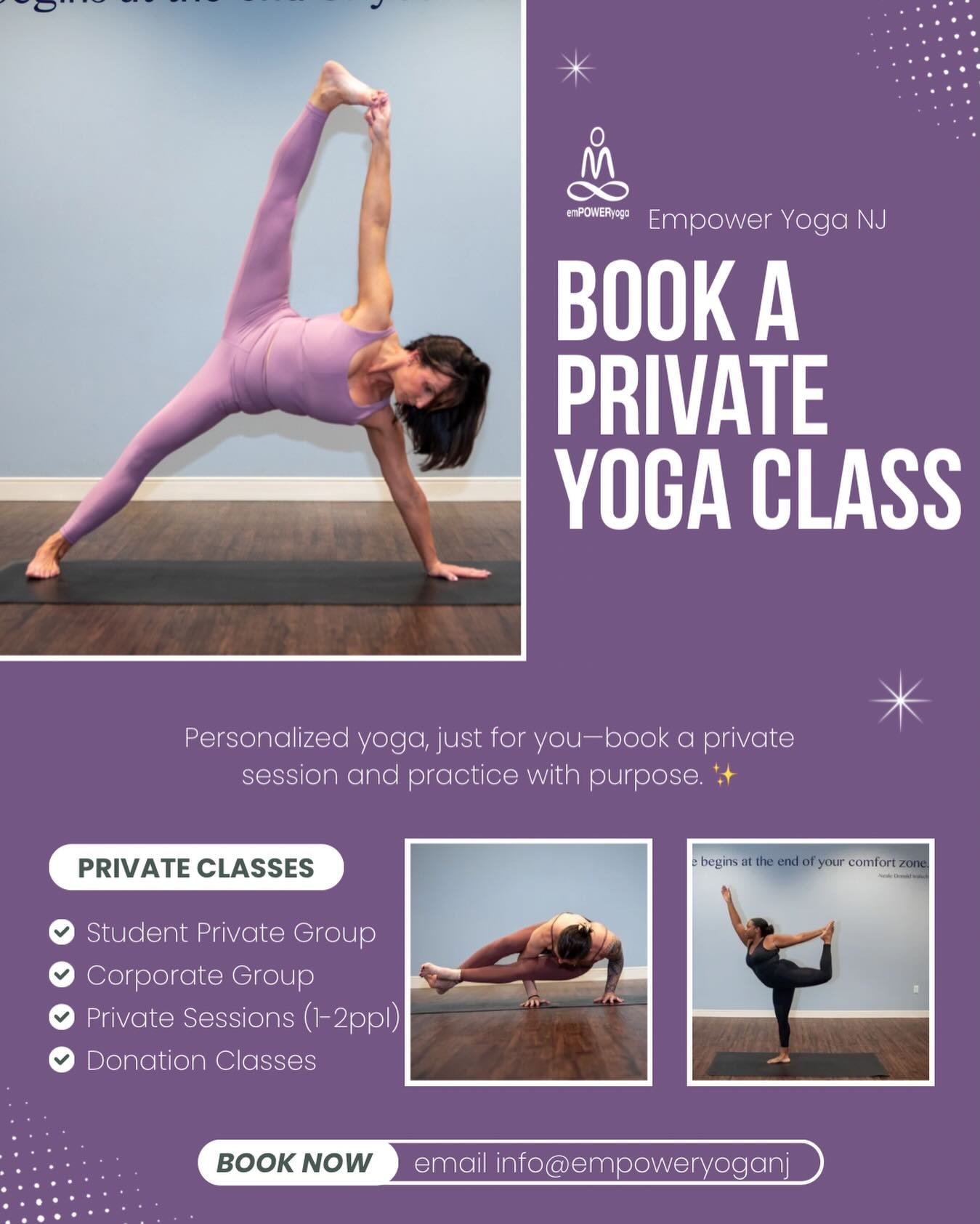 Looking for something more personal? ✨
Book a private session with us and get one-on-one (or two-on-one) guidance tailored to you&mdash;your goals, your body, your schedule. Whether you&rsquo;re brand new, working through an injury, or ready to deepe