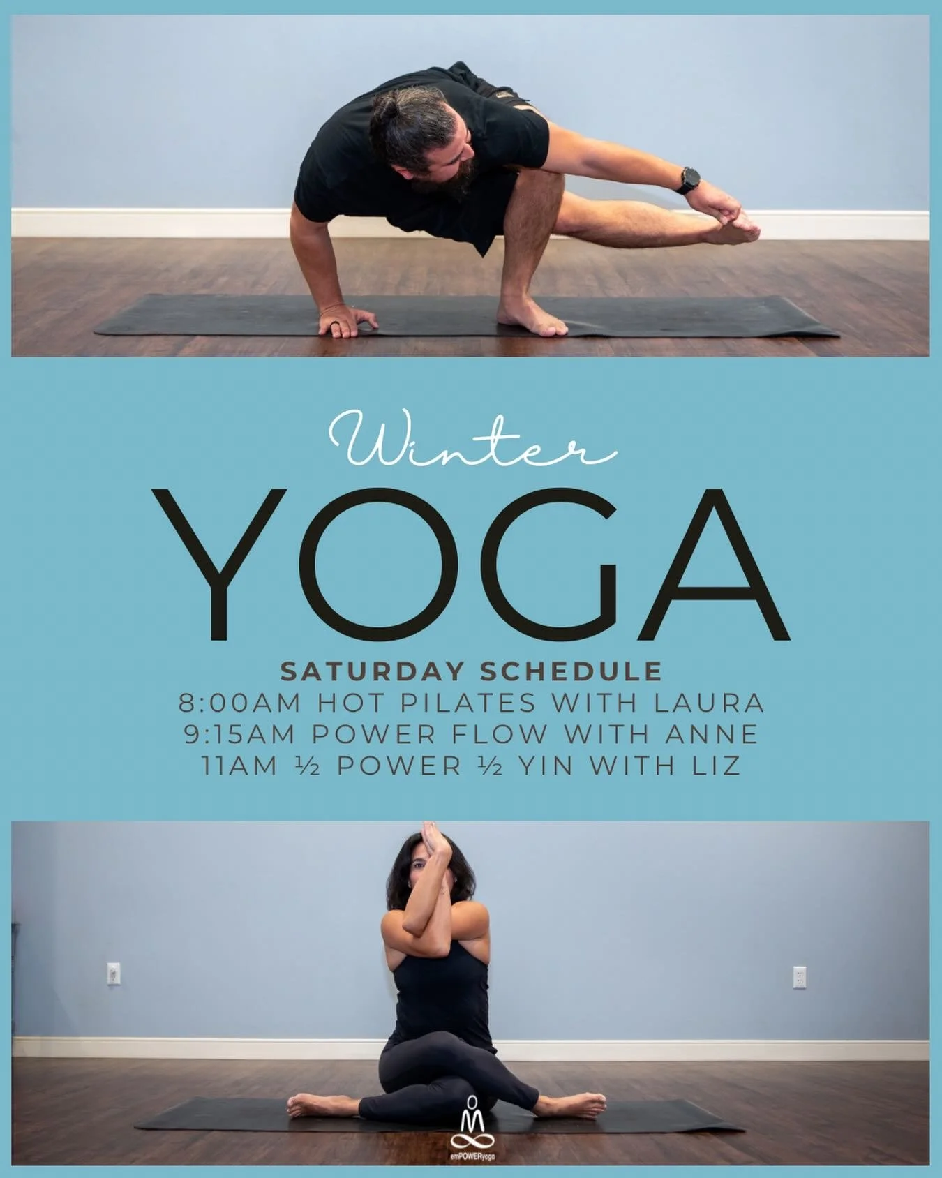 Winter vibes, warm muscles, strong flow ❄️🔥
Join us this Saturday for your perfect balance of power + restore.

🧘🏼&zwj;♀️ Hot Pilates (Heated) with Laura 
🧘🏽&zwj;♀️9:15am Power Flow (Heated) with Anne
🧘🏻&zwj;♀️11:00am &frac12; Power &frac12; Y