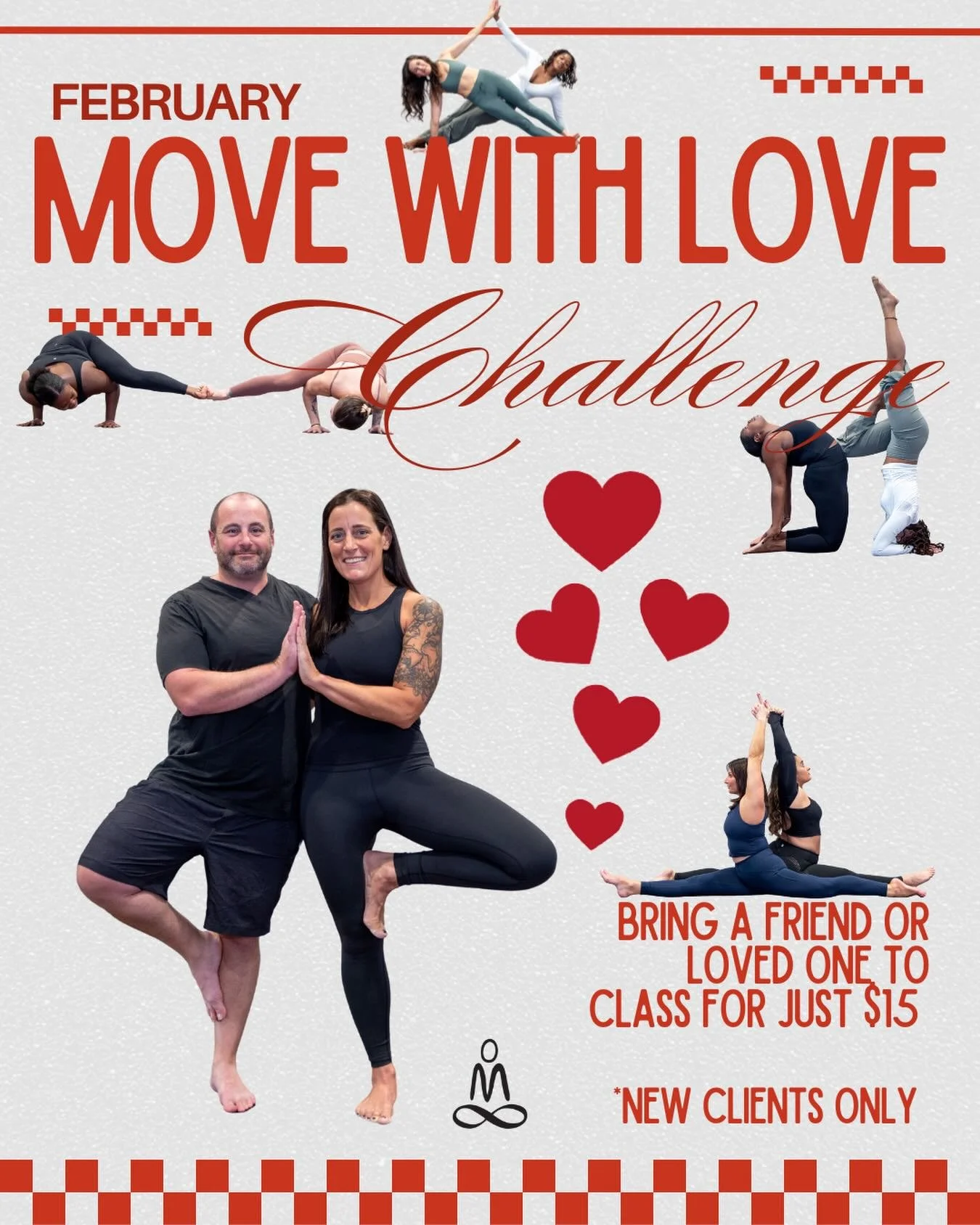 💕 FEBRUARY: MOVE WITH LOVE 💕

All month long, bring a friend or loved one to class for just $15 drop-in (new clients only) and share the joy of movement together.

✨ Move With Love Challenge ✨
The student who brings the most friends in February win