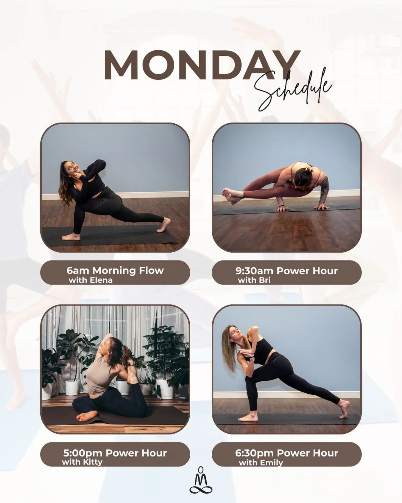 Monday = movement medicine ✨
From sunrise flow to evening power, we&rsquo;ve got your body and breath covered all day long.

🕕 6am Morning Flow with Elena
🕤 9:30am Power Hour with Bri
🕔 5:00pm Power Hour with Kitty
🕡 6:30pm Power Hour with Emily
