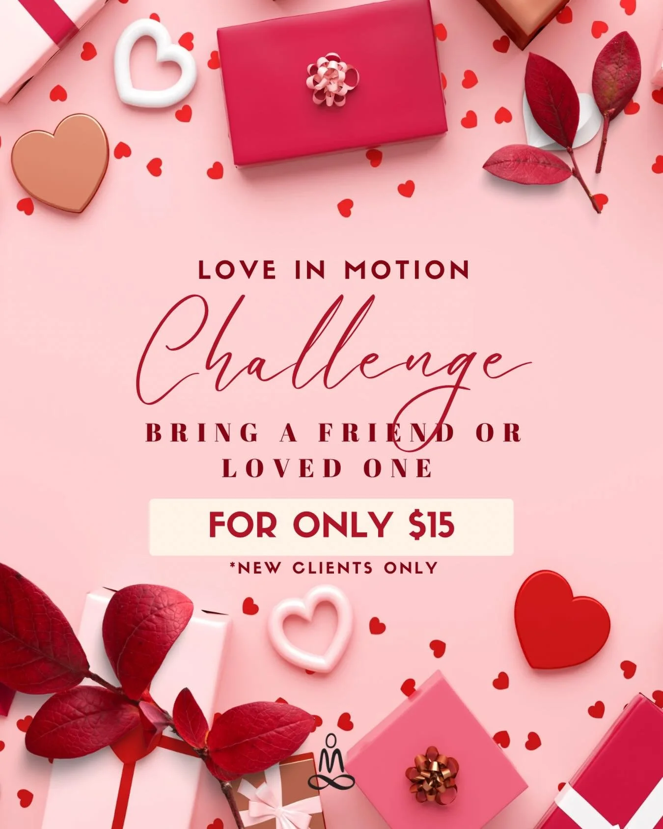 💖 LOVE IN MOTION CHALLENGE 💖
All February long, bring a friend (or five 😉) to class for just $15 each &mdash; new clients only!

The more love you bring, the more you win:
✨ Bring as many new friends as you want
✨ Promo is valid ALL of February
✨ 
