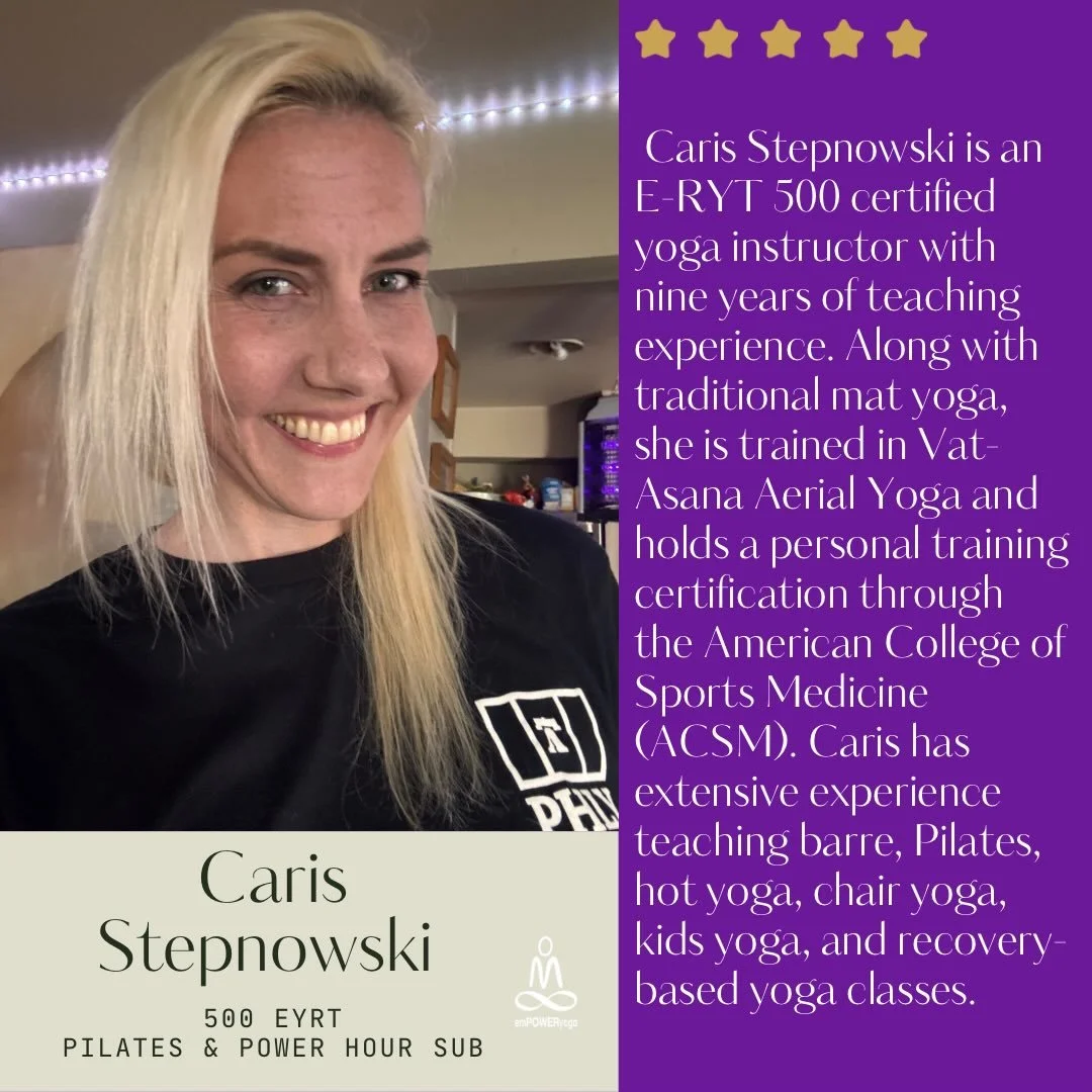 ✨ Meet Caris! ✨
We&rsquo;re so excited to welcome Caris Stepnowski to the Empower Yoga team! She&rsquo;s an E-RYT 500 certified instructor with years of experience in yoga, Pilates, and strength-based movement&mdash;and she&rsquo;s bringing all that 