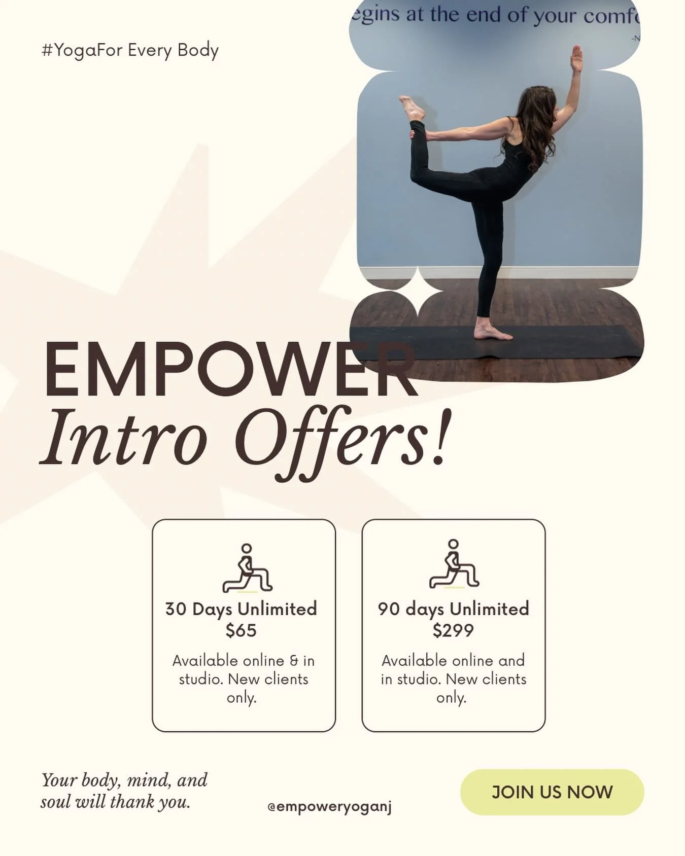New to Empower Yoga? Or has it been a year (or more) since you last practiced with us? This one&rsquo;s for you. ✨

Our Intro Offers are the perfect way to step back onto your mat and feel strong, supported, and inspired:

🧘🏾 30 Days Unlimited &nda