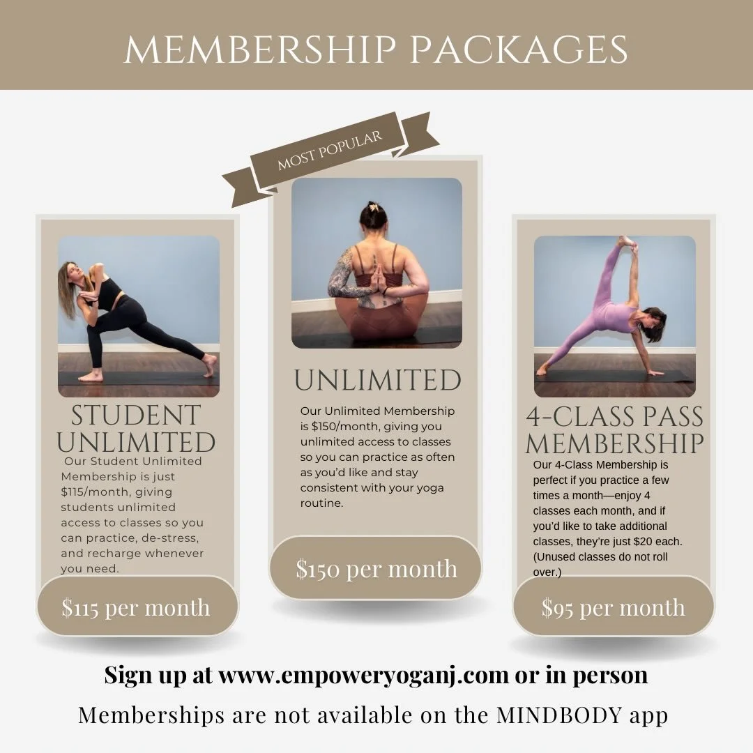 Find the membership that fits your practice. 🧘🏾 ✨

Whether you&rsquo;re practicing a few times a month or on your mat every day, we have options to support your routine:

&bull; Student Unlimited &ndash; $115/month for students who want full access