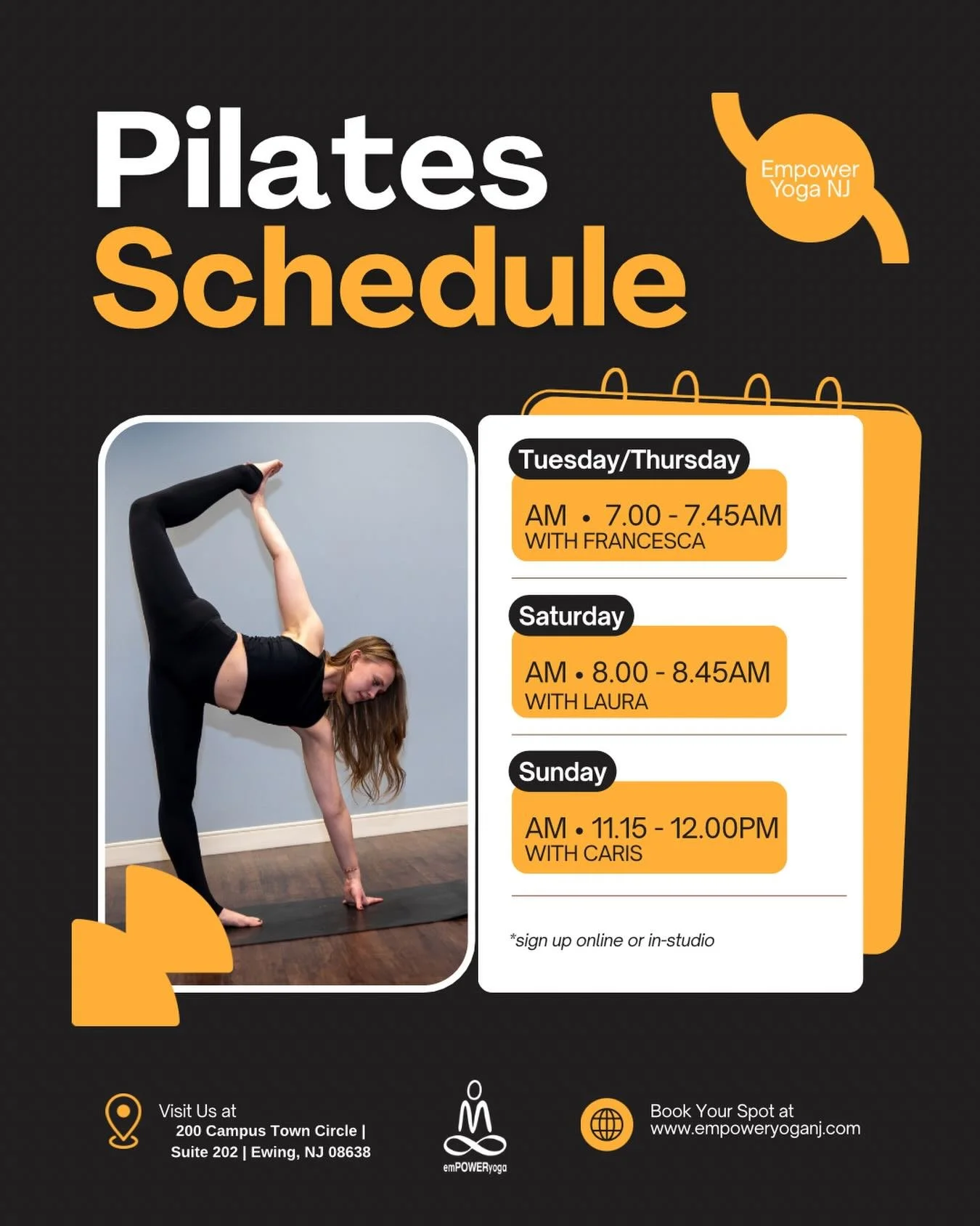 Strengthen your core, build stability, and move with intention in our Pilates classes at Empower Yoga. 🔥

Join us on the mat this week:
✨ Tuesday &amp; Thursday &ndash; 7:00&ndash;7:45 AM with Francesca
✨ Saturday &ndash; 8:00&ndash;8:45 AM with Lau