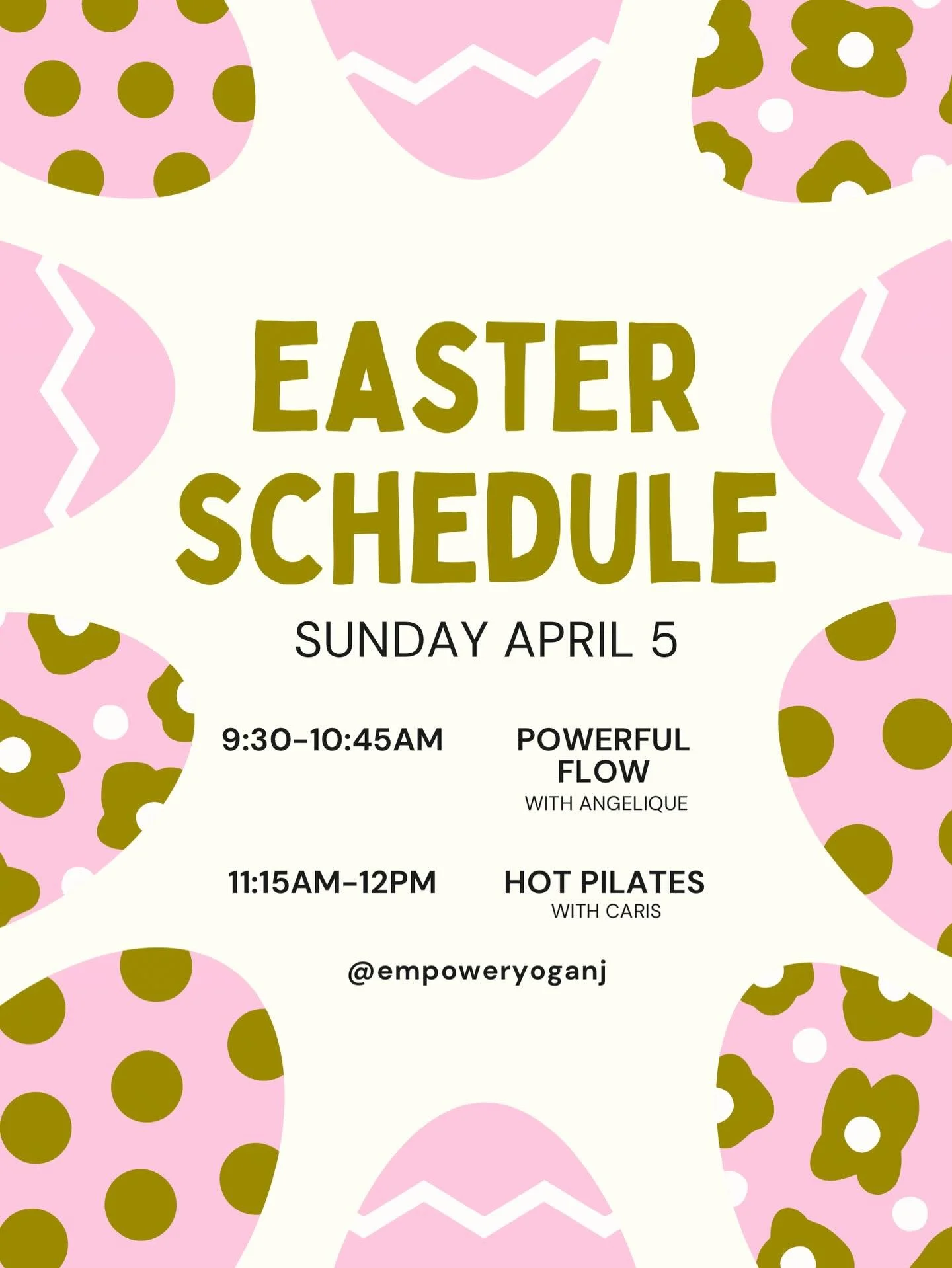 🐣🌸 Easter Sunday at Empower 🌸🐣

We&rsquo;re flowing into the holiday with a light, intentional schedule&mdash;come move, breathe, and start your day grounded ✨

Sunday, April 5
9:30&ndash;10:45AM &mdash; Powerful Flow with Angelique
11:15AM&ndash