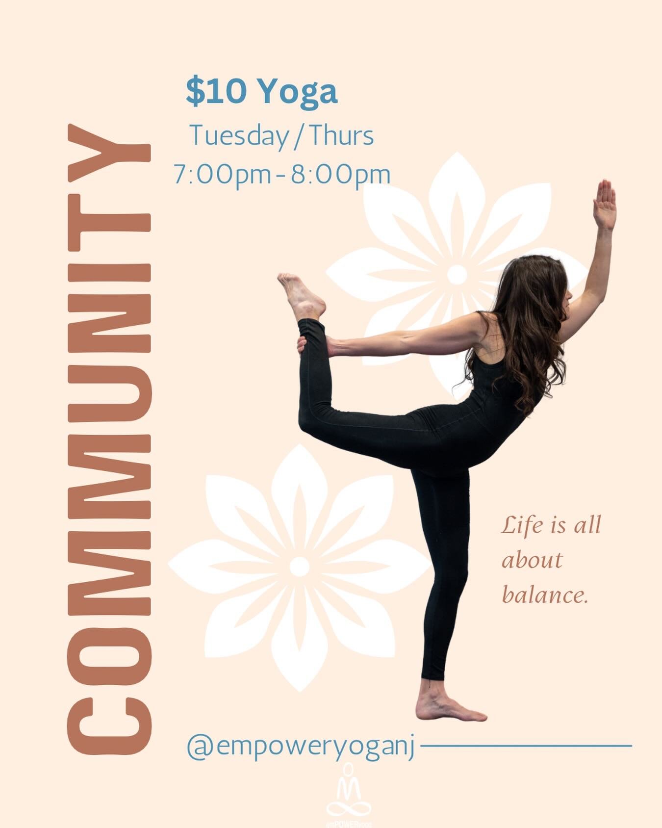 Find your balance&mdash;on and off the mat 🤍

Join us for Community Yoga every Tuesday &amp; Thursday from 7:00&ndash;8:00pm. Whether you&rsquo;re new to the practice or just looking to move, breathe, and reset, this hour is for you.

$10 to move, c