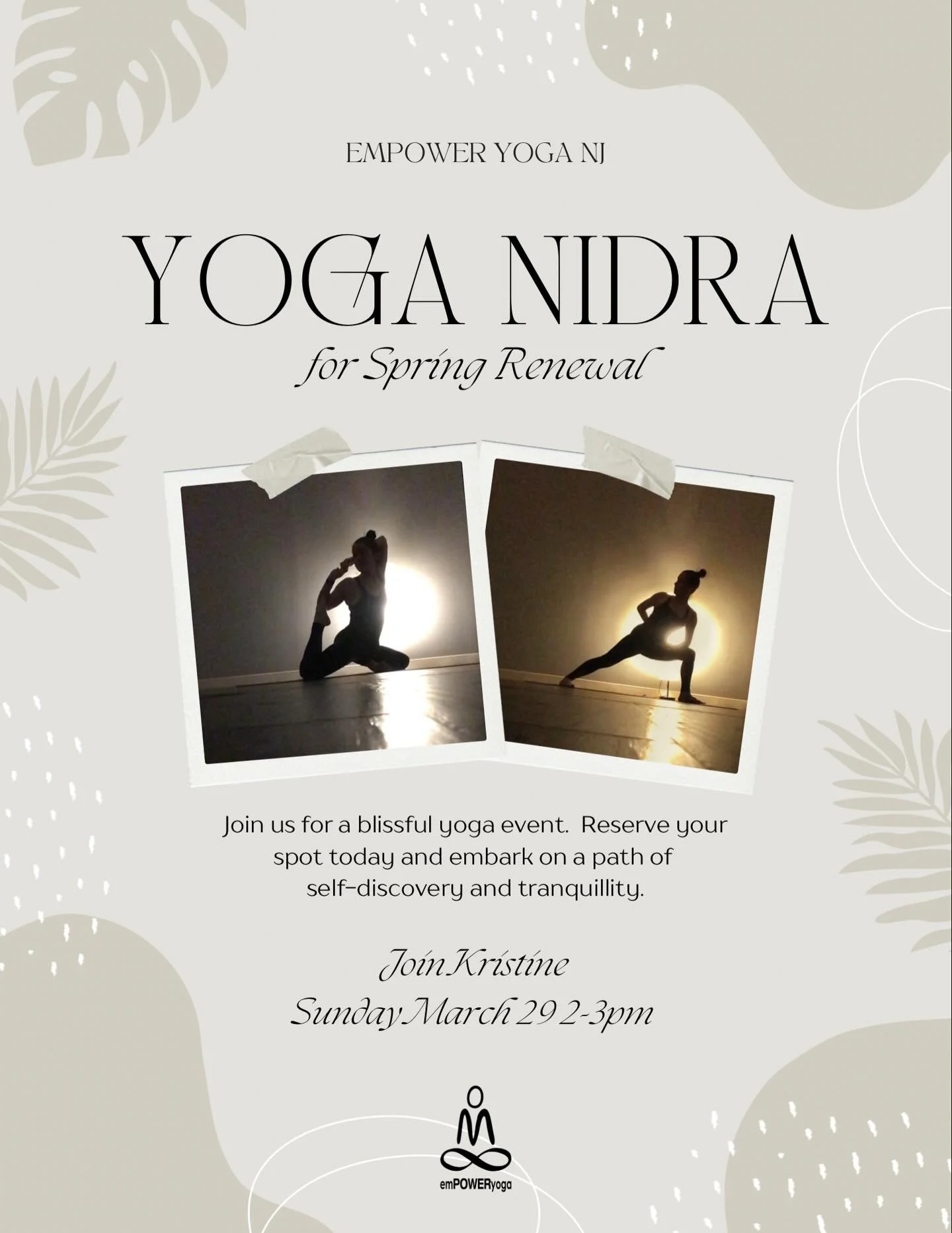 Rest, reset, and renew 🌿

Join us for a deeply nourishing Yoga Nidra experience designed to guide you into stillness, release what no longer serves you, and awaken a sense of calm from within. As we step into spring, give yourself the space to softe