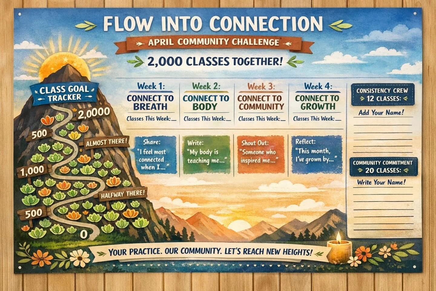 Flow Into Connection 🌿✨

This April, we&rsquo;re showing up&mdash;for ourselves and for each other. Our goal: 2,000 classes together. Every time you step on your mat, you&rsquo;re building momentum, creating consistency, and strengthening this incre