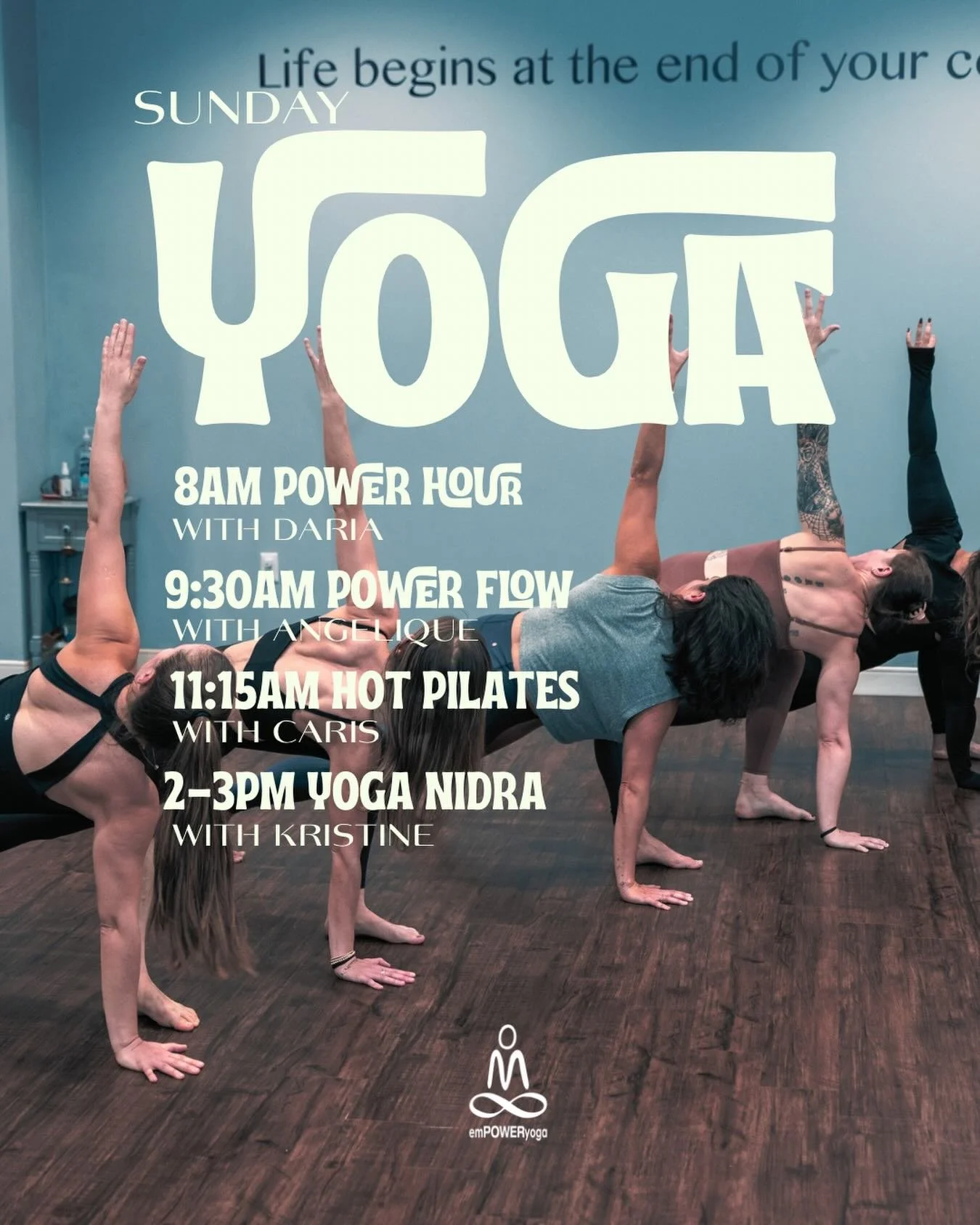 Sunday reset, powered by breath, movement, and community 🤍

Start strong, flow freely, build heat, and then soften into stillness. However you show up, there&rsquo;s a space for you on your mat.

✨ 8AM Power Hour with Daria
✨ 9:30AM Power Flow with 