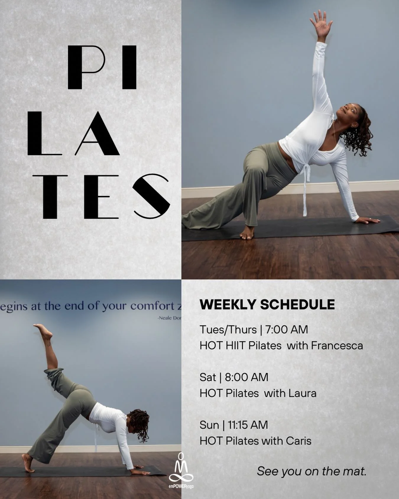 Strengthen your core, build stability, and move with intention in our Pilates classes at Empower Yoga. 🔥

Join us on the mat this week:
✨ Tuesday &amp; Thursday &ndash; 7:00&ndash;7:45 AM with Francesca
✨ Saturday &ndash; 8:00&ndash;8:45 AM with Lau