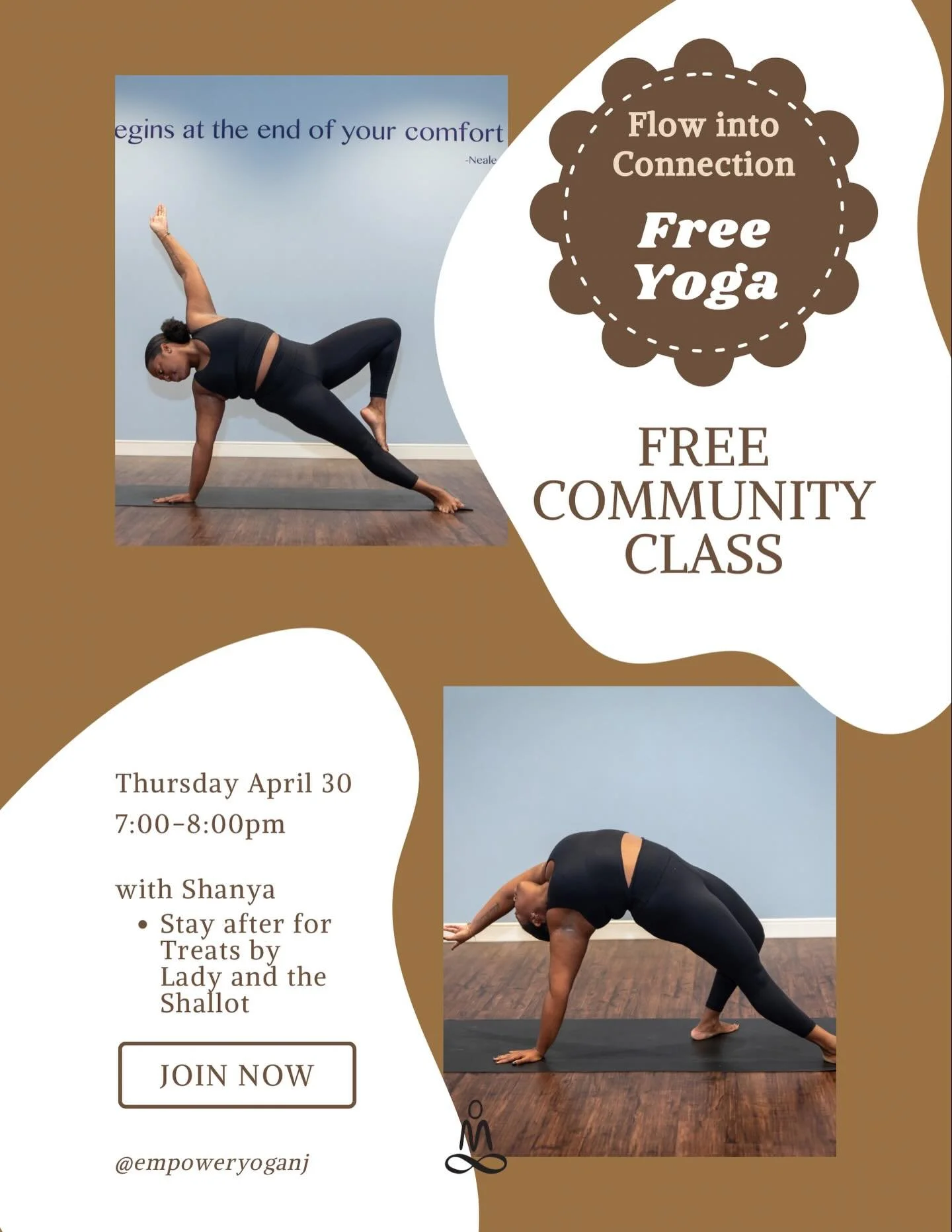 Flow into connection 🤎

Join us for a FREE community yoga class and move, breathe, and connect&mdash;both on and off the mat. This is your space to slow down, show up as you are, and be part of something bigger.

🗓 Thursday, April 30
⏰ 7:00&ndash;8