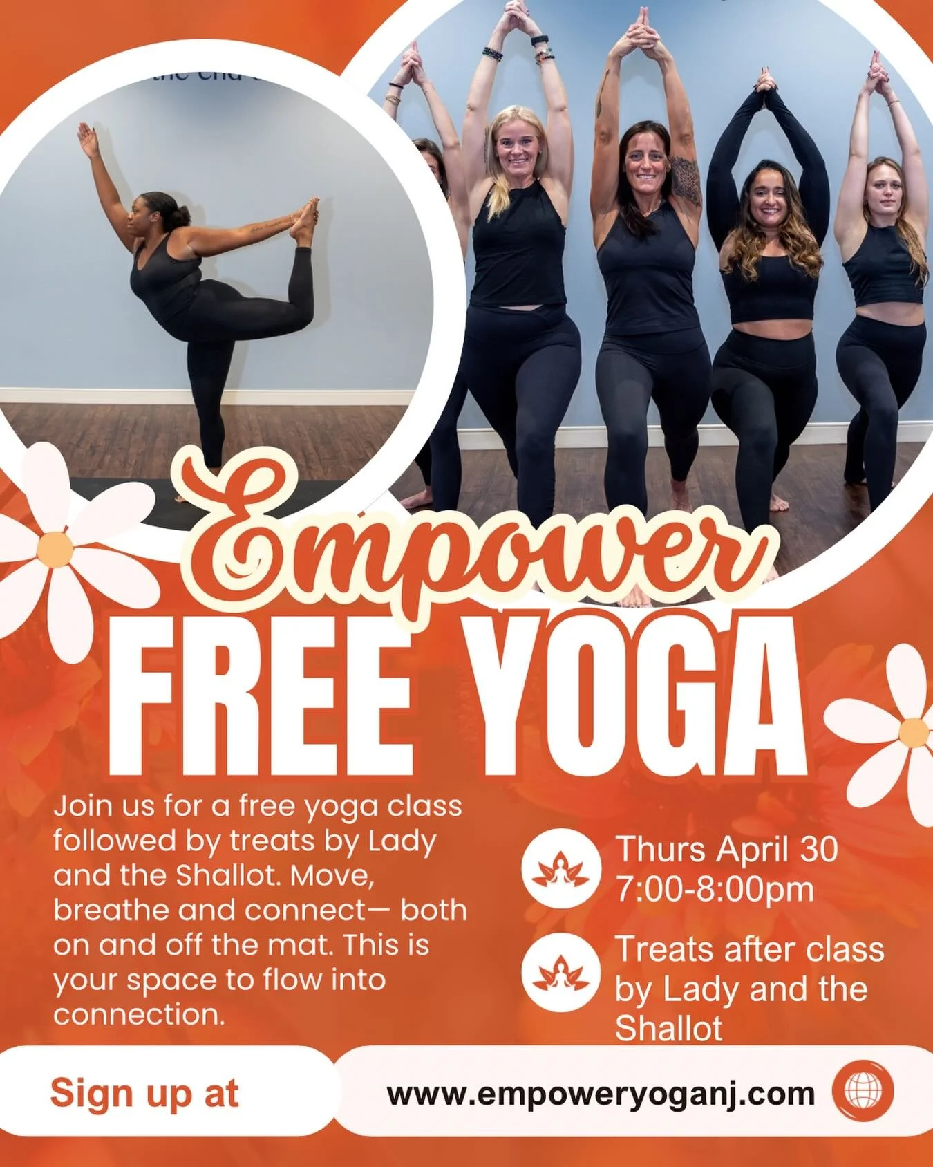 Flow, connect, and treat yourself&mdash;on us 🧡✨

Join us for a FREE community yoga class with Shanya designed to help you move, breathe, and feel good in your body&mdash;no matter your level. After class, stay and connect with some delicious treats