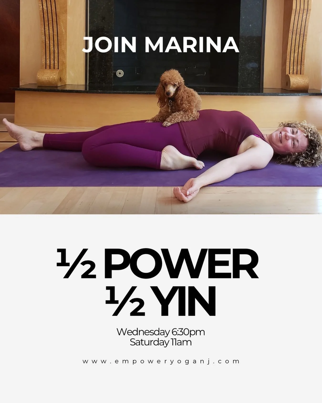 A little sweat. A little surrender.
&frac12; Power + &frac12; Yin with Marina 💜

Wednesday Schedule

6:00-7:00am
Morning Flow (Heated)
with Davon

9:30-10:30am
Power Hour (Heated) 
with Liz 

5:00-6:00pm
Power Hour (Heated) 
with Anne

6:30-7:30pm
H
