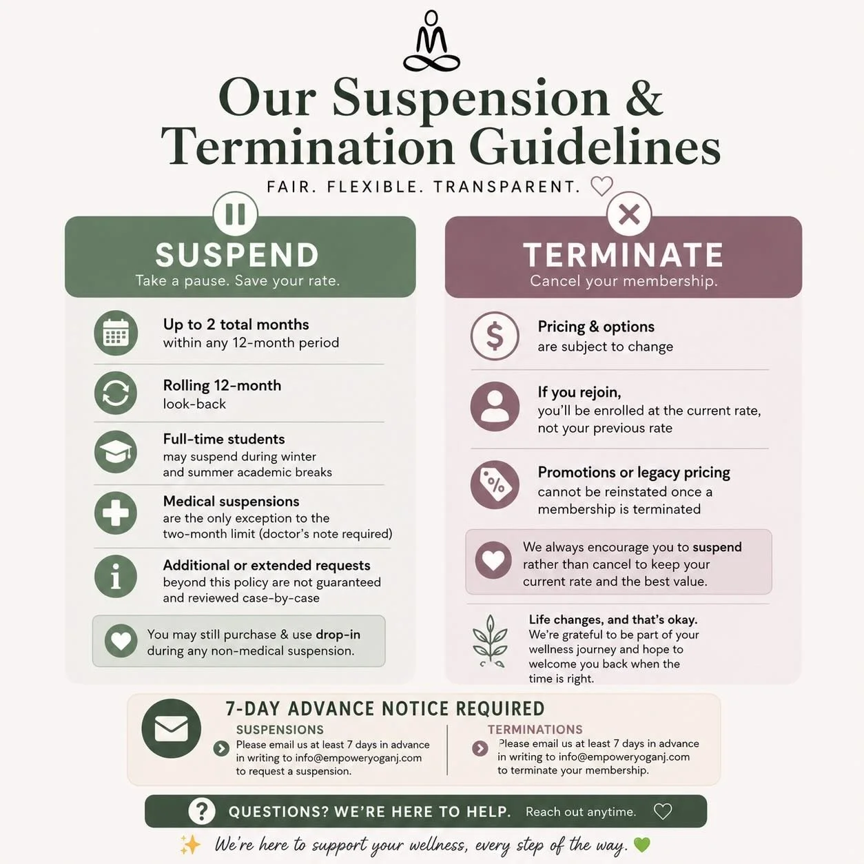 ✨ Membership Updates | Suspension &amp; Termination Guidelines ✨

We believe in keeping things clear, fair, and consistent for our entire community.

Please note:
&bull; All suspensions and terminations must be requested in writing at least 7 days in