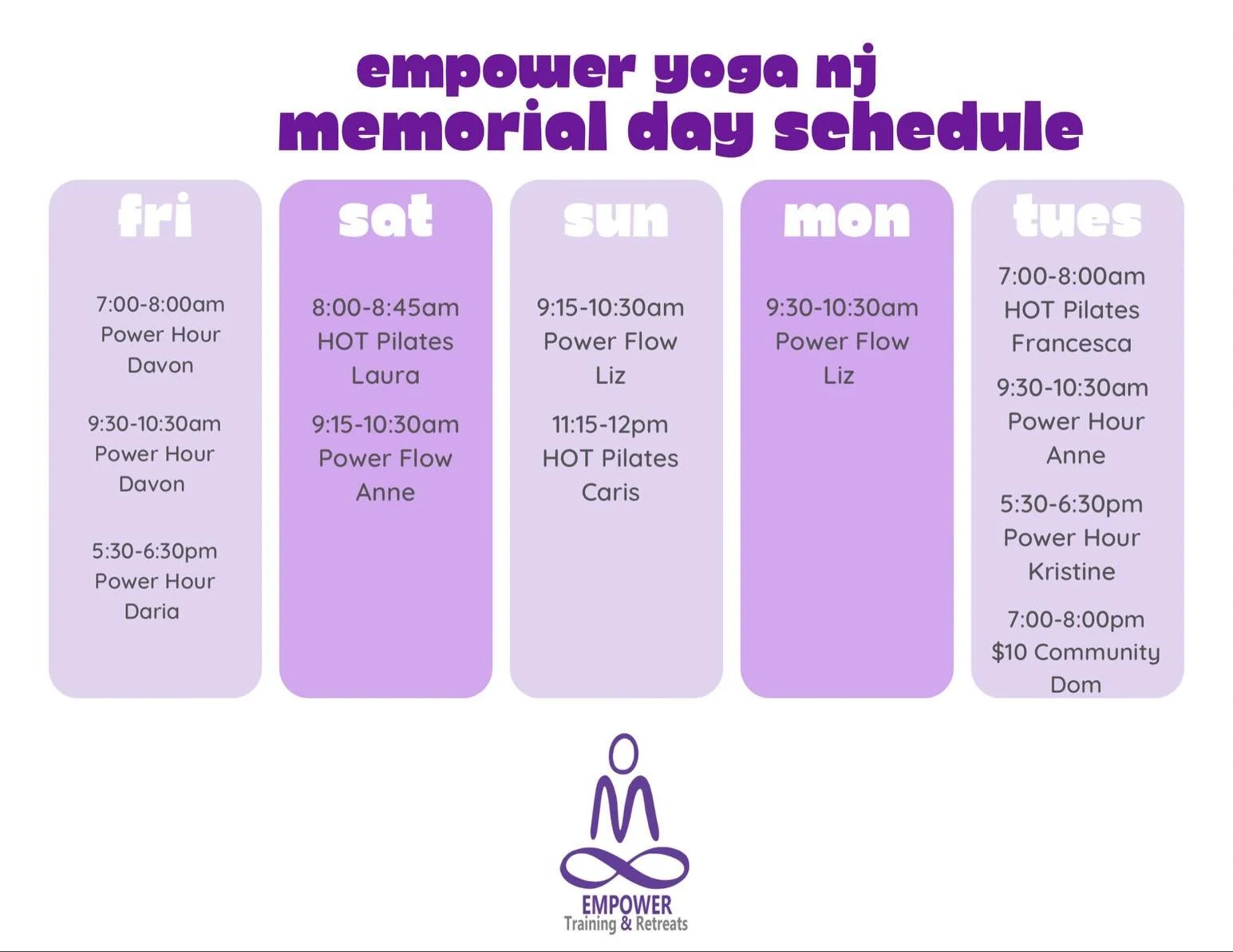 Memorial Day + Summer Schedule Update 🌿

We&rsquo;ll be running an abbreviated schedule for Memorial Day&mdash;so be sure to check the schedule carefully before heading in!

As we move into summer, our updated schedule is just around the corner. ☀️ 