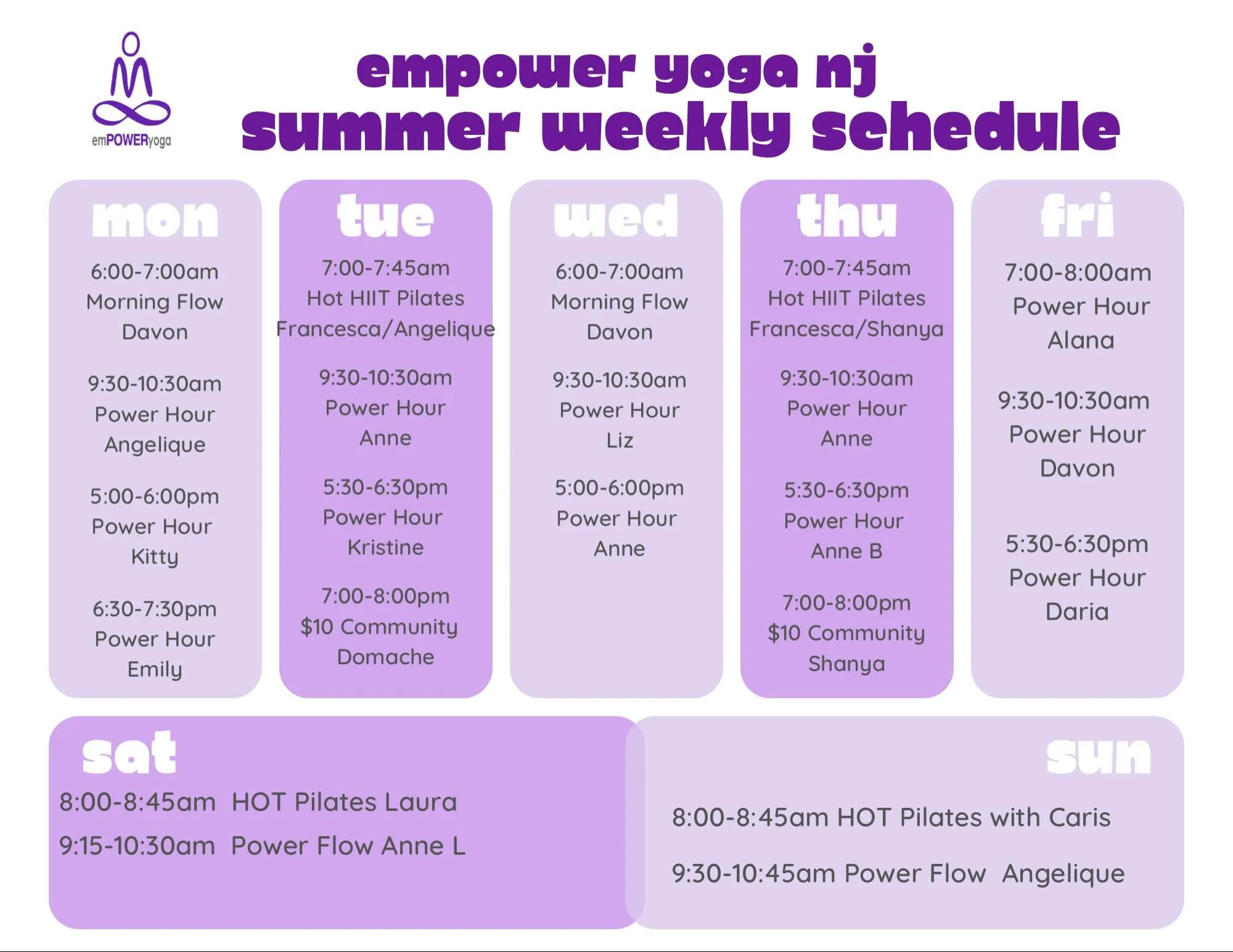 ☀️✨ Our Summer Schedule drops June 1! ✨☀️

Longer days, stronger flows, HOT Pilates, community classes, and all your favorite teachers are waiting for you this summer at Empower Yoga NJ 💜

Starting June 1, be sure to check the updated schedule and p