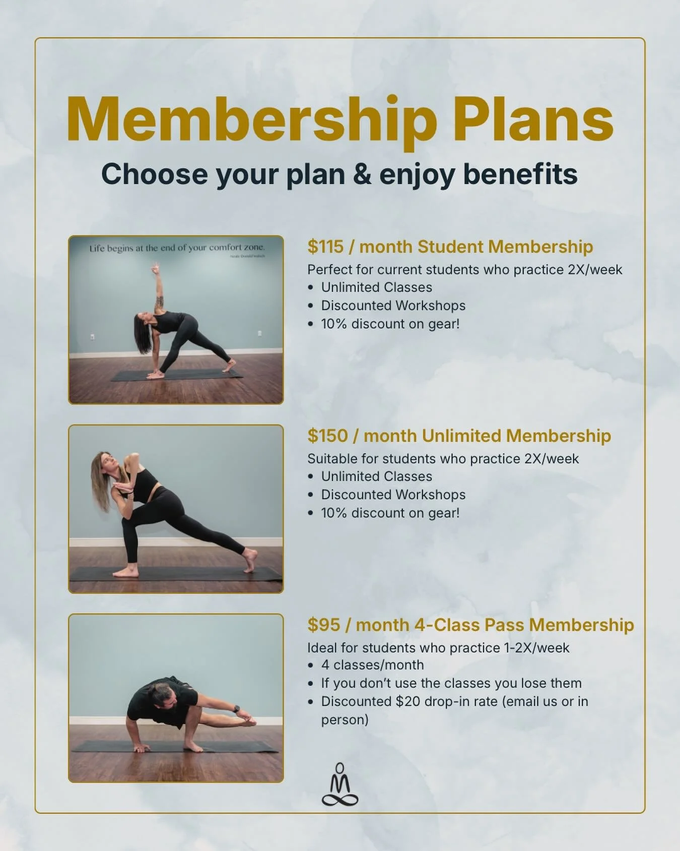 ✨ Find the membership that fits your practice and make yoga part of your routine this summer.

Whether you&rsquo;re flowing a few times a month or making the studio your second home, our memberships are designed to support your goals, your schedule, 