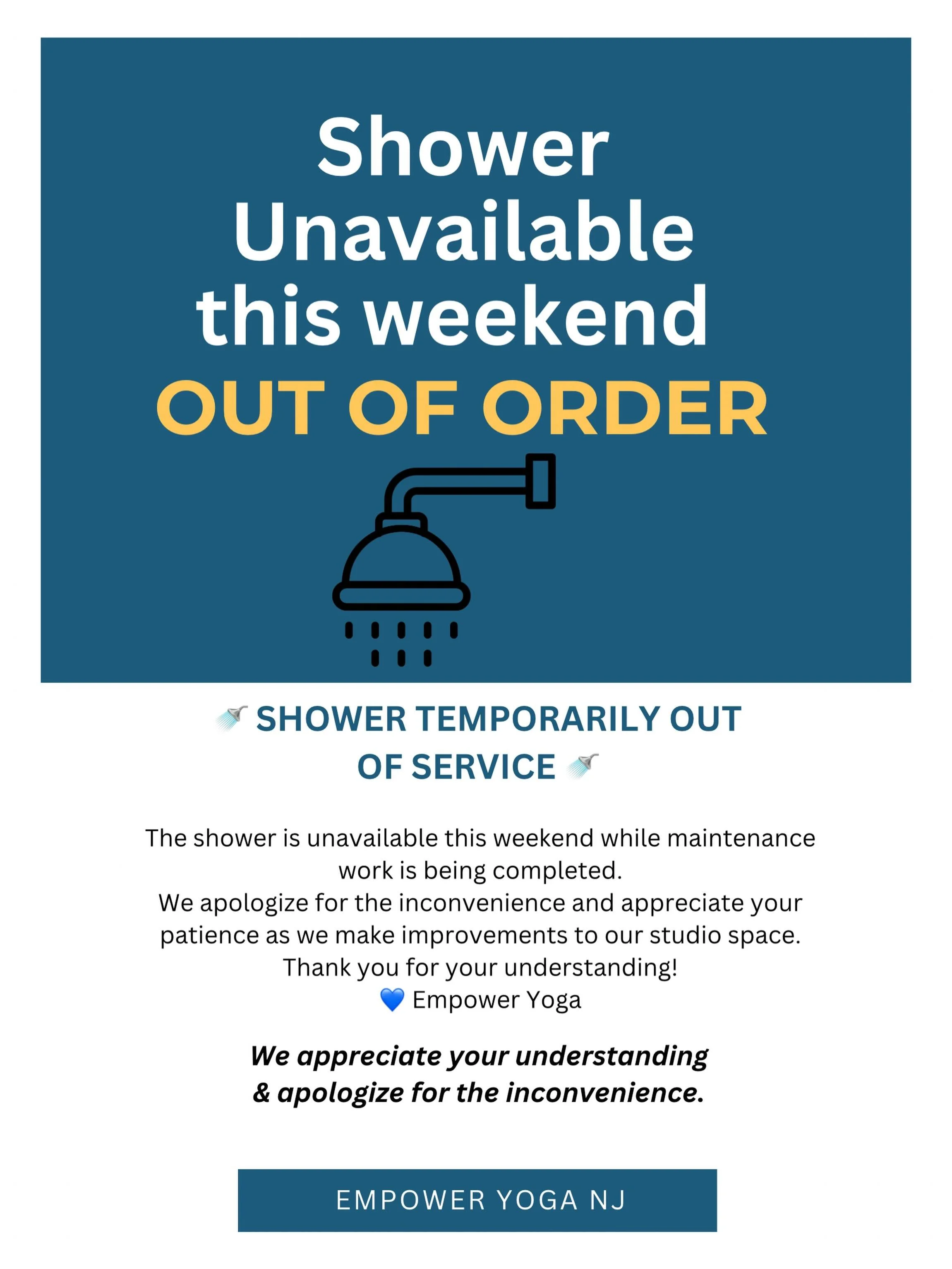🚿 Studio Update 🚿

We&rsquo;re making some improvements to our bathroom space this weekend! As part of the project, the shower will be temporarily out of service while a special wall treatment is applied and given time to properly dry and cure.

Th