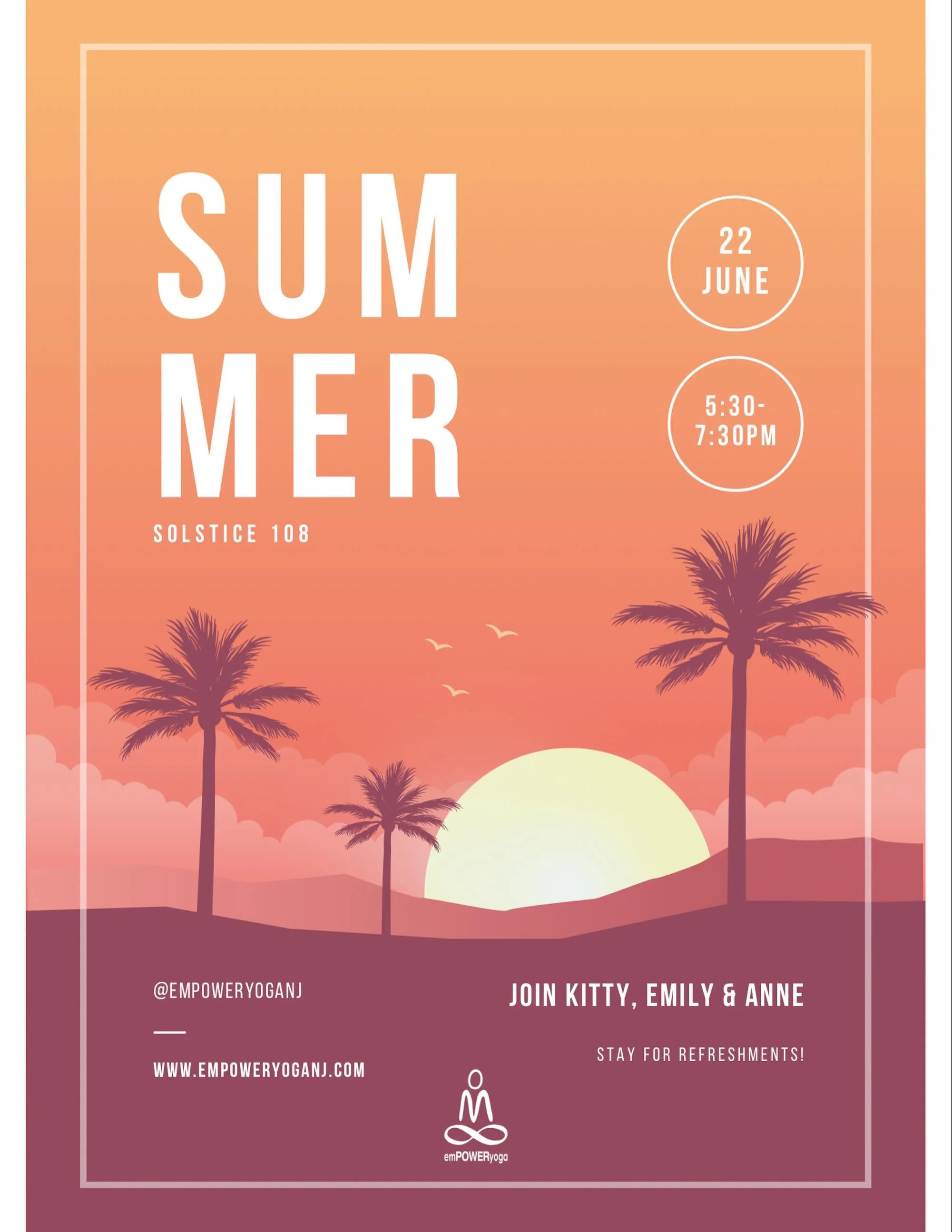 ☀️ SUMMER SOLSTICE 108 FLOW ☀️

Join Kitty, Emily, and Anne on Monday, June 22 from 5:30&ndash;7:30 PM as we celebrate the longest day of the year with a special 108 Sun Salutations practice.

This powerful moving meditation invites you to honor the 