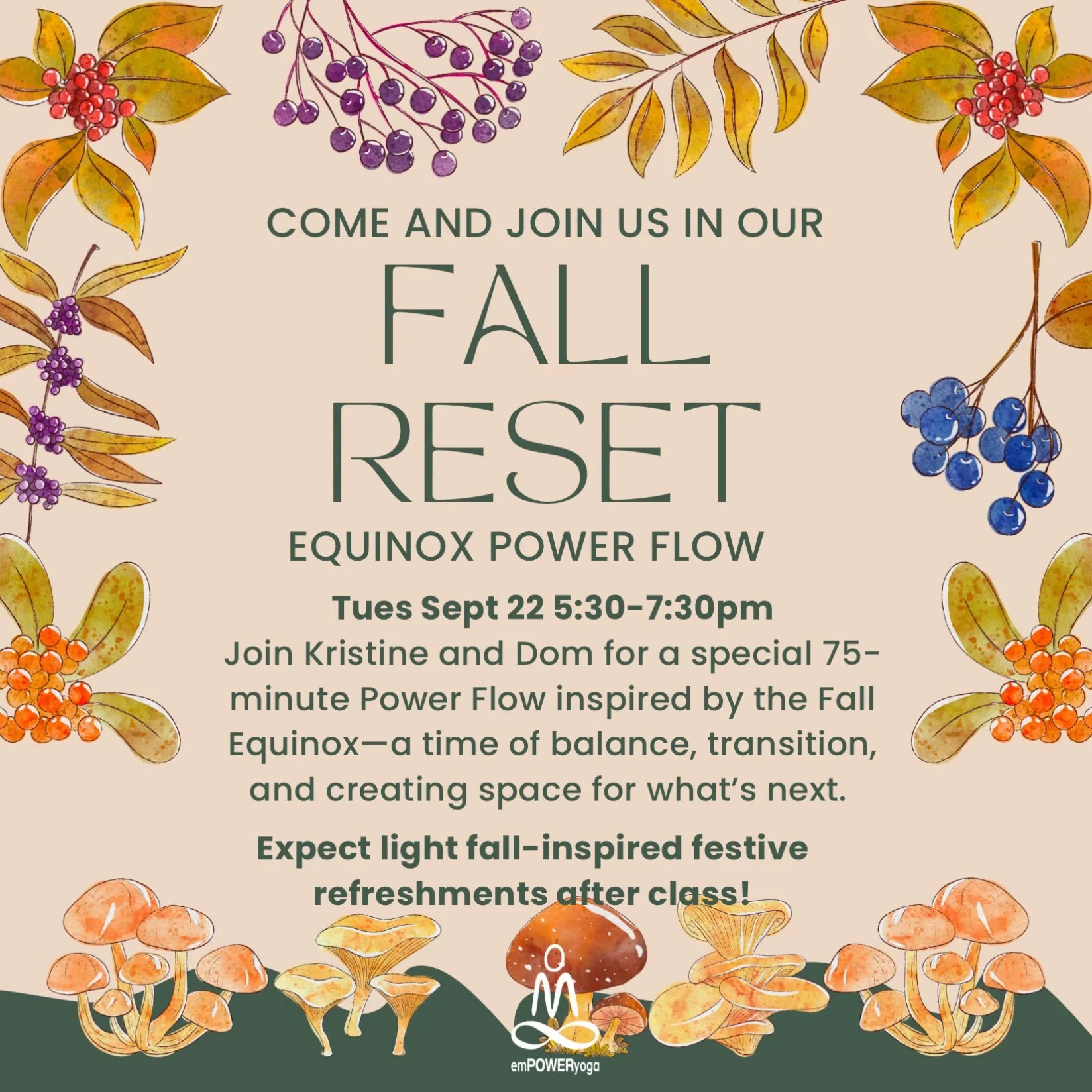 🍂✨ SUNDAY AT emPOWER YOGA ✨🍂

Ease into your Sunday with movement, heat, and a little time to reset before the week ahead. 

And save the date for our FALL RESET: EQUINOX POWER FLOW 🍁

Join Kristine + Dom Tuesday, Sept. 22 from 5:30&ndash;7:30pm f