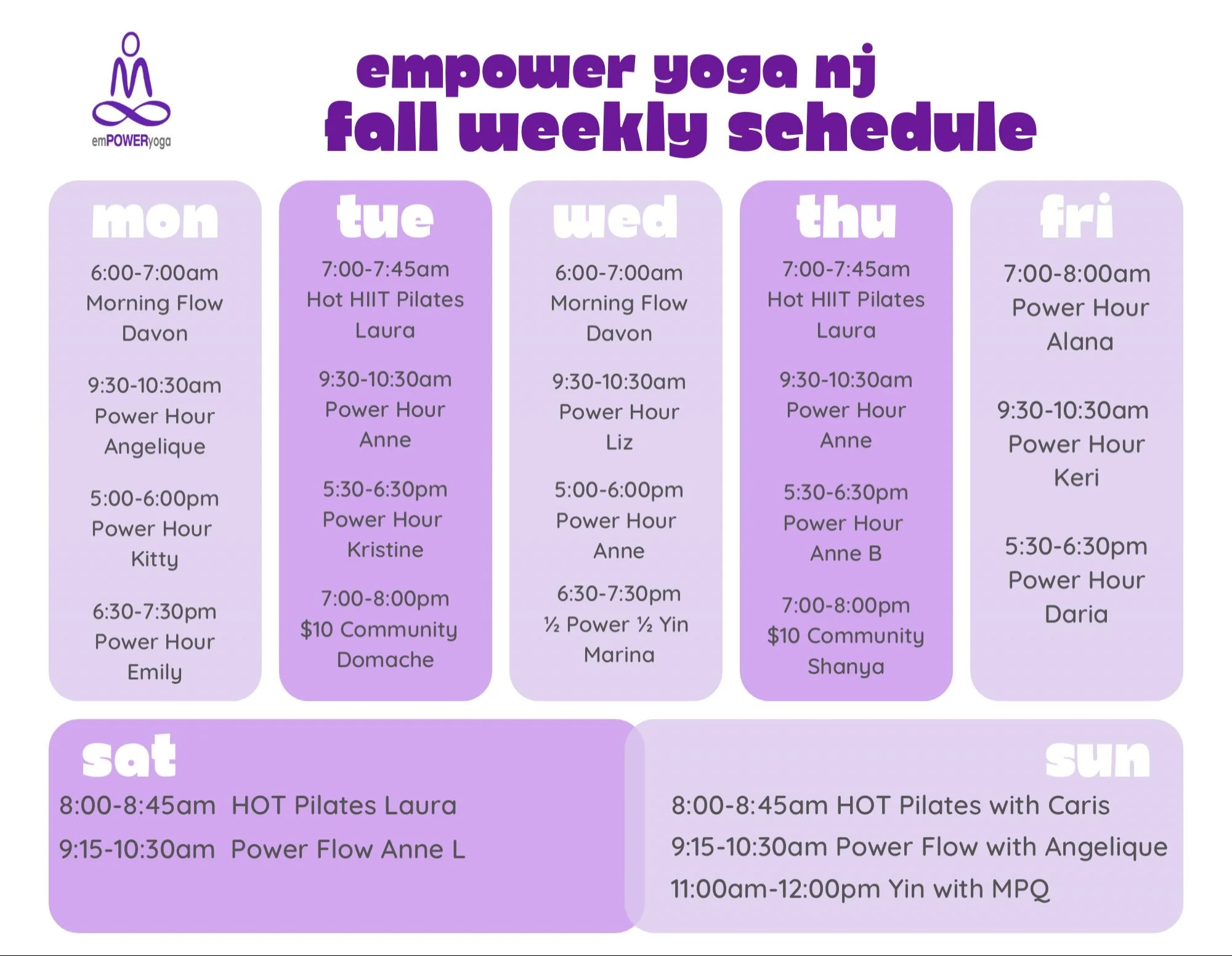 ✨ MONDAY IS CALLING! ✨

Start your week strong, sweaty, and feeling EMPOWERED. 💜

Monday&rsquo;s lineup:
🌅 6:00&ndash;7:00 AM &mdash; Morning Flow with Davon
🔥 9:30&ndash;10:30 AM &mdash; Power Hour with Angelique
💪🏽 5:00&ndash;6:00 PM &mdash; P