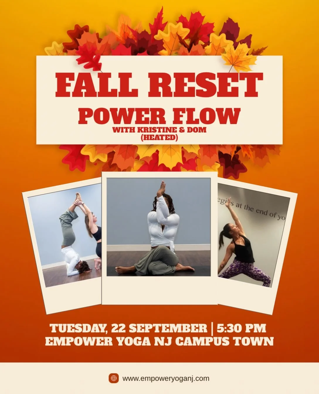 🍂✨ FALL RESET IS COMING! ✨🍂

Ready to shake off summer, reset your energy, and flow into fall feeling strong? Join Kristine &amp; Dom for a heated Fall Reset Power Flow on Tuesday, September 22 at 5:30 PM! 🔥🧘&zwj;♀️

But first&hellip; let&rsquo;s