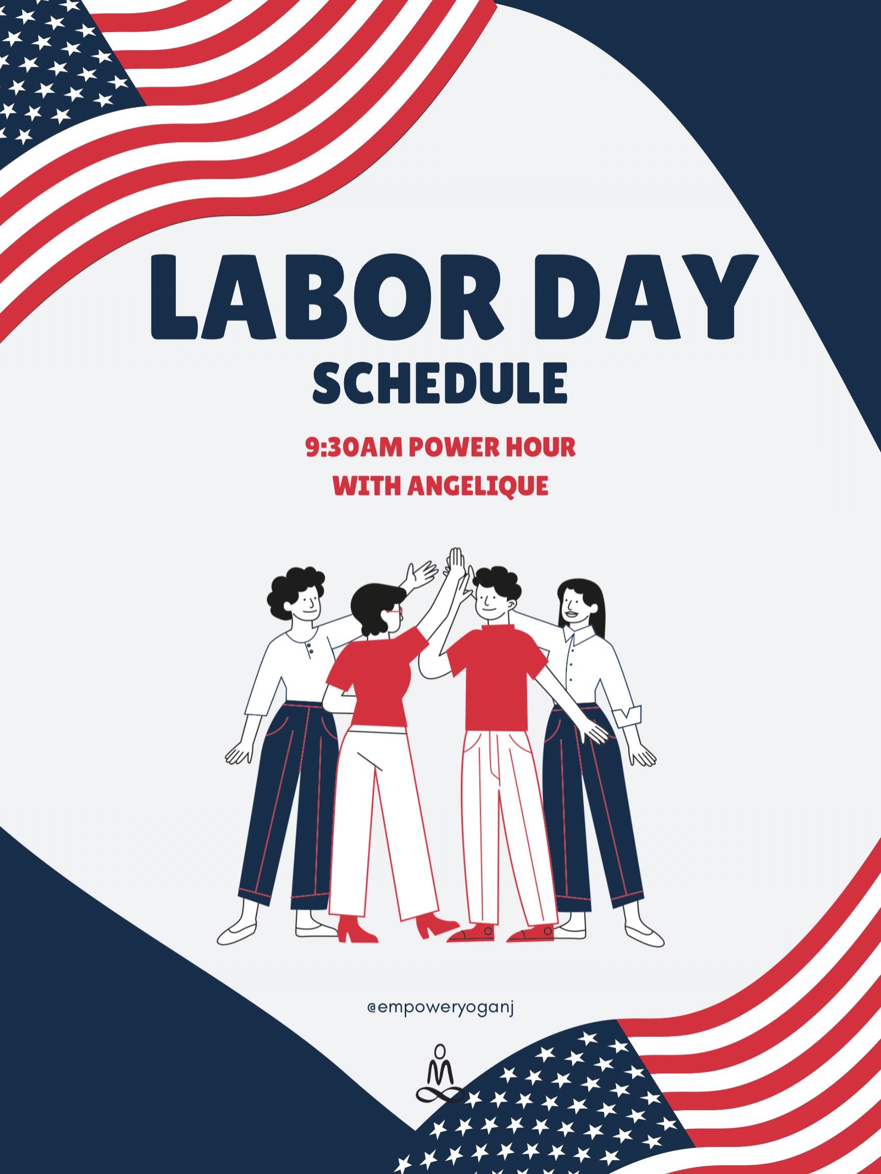 🇺🇸 Labor Day vibes, but make it YOGA! ❤️🤍💙

Take a break from the long weekend plans and meet us on the mat for a sweaty 9:30AM Power Hour with Angelique! 

Come move, breathe, sweat, and celebrate the holiday with your Empower crew! 🇺🇸

📍 Mon