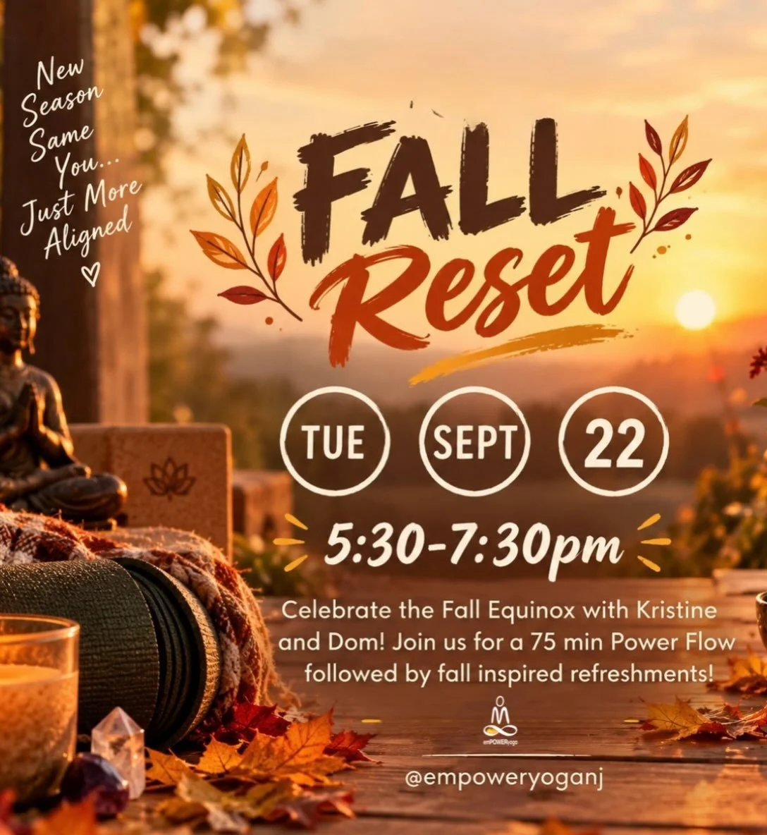 🍂 MONDAY, LET&rsquo;S RESET! 🍂

New week, fresh energy, and a little reminder that you don&rsquo;t have to wait for a new season to start fresh. 🤎

✨ Monday Schedule
6:00am &mdash; Morning Flow with Davon
9:30am &mdash; Power Hour with Angelique
5