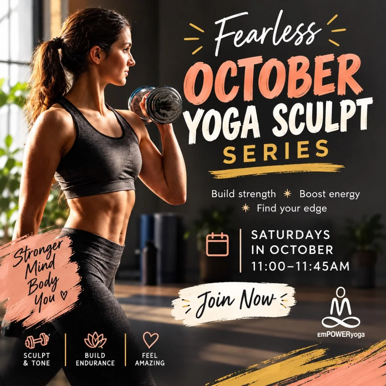🔥 FEARLESS OCTOBER IS COMING SOON! 🔥

Ready to get stronger, sweatier, and a little more fearless? ✨ Our October Yoga Sculpt Series brings the heat with strength, movement, and just the right amount of challenge.

Come ready to lift, sweat, sculpt 