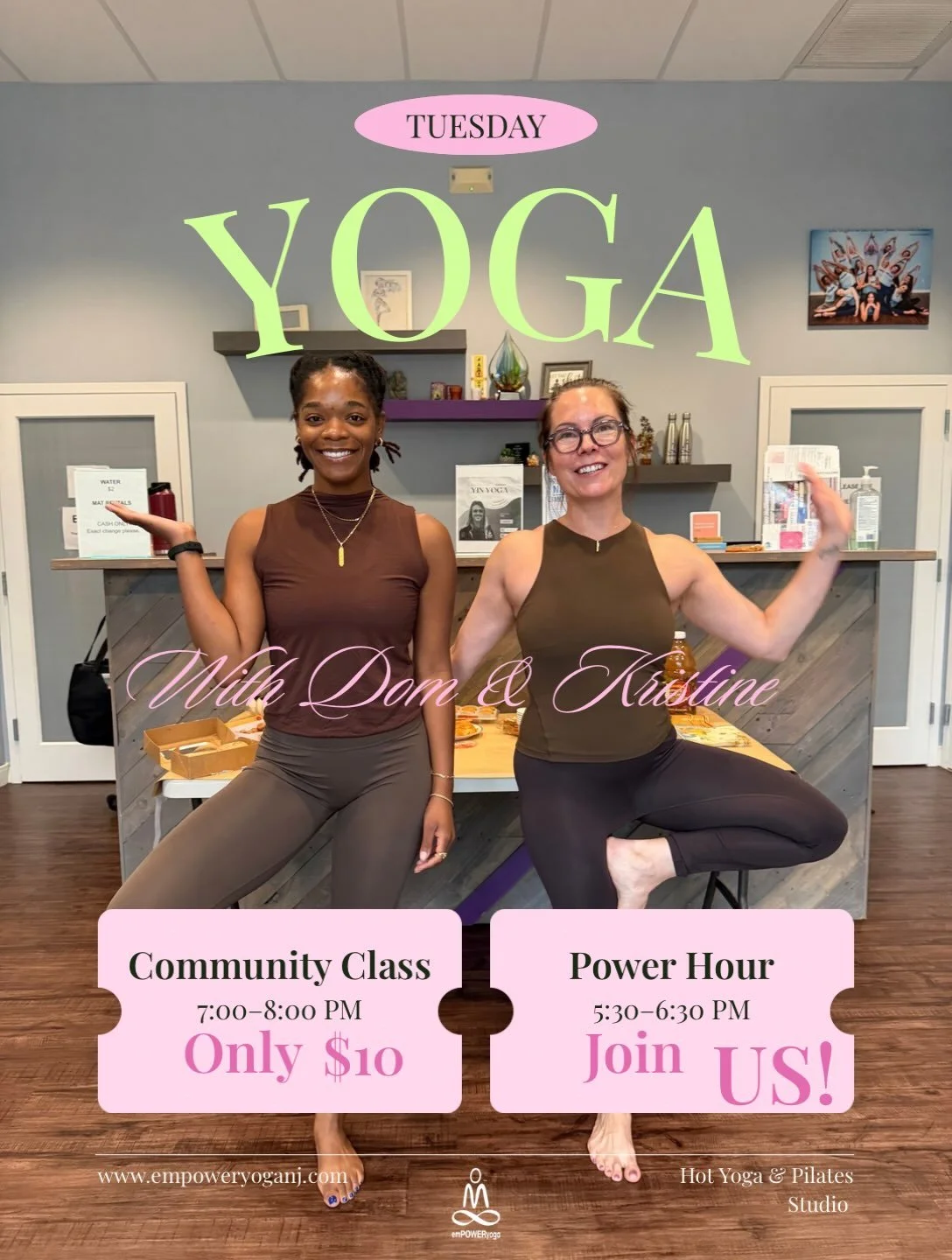 Tuesday energy is looking GOOD. 🌸✨ Dom &amp; Kristine are bringing the good vibes, the movement, and maybe a little tree-pose chaos. 😉

TUESDAY
🔥 7:00 AM &mdash; Hot HIIT Pilates with Angelique
💪🏽 9:30 AM &mdash; Power Hour with Anne
🔥 5:30 PM 