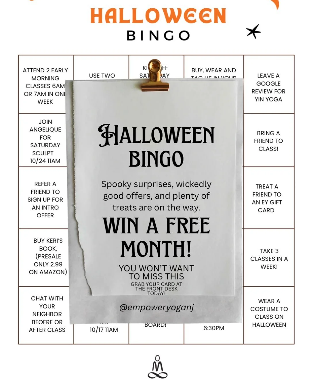 🎃 HALLOWEEN BINGO IS ON! 👻

October is officially getting a little more fun. Grab a bingo card at the studio, check off your yoga-themed challenges, and see if you can get BINGO! 🕸️✨ And yes&hellip; you may win a free month of yoga. 😉

Then come 