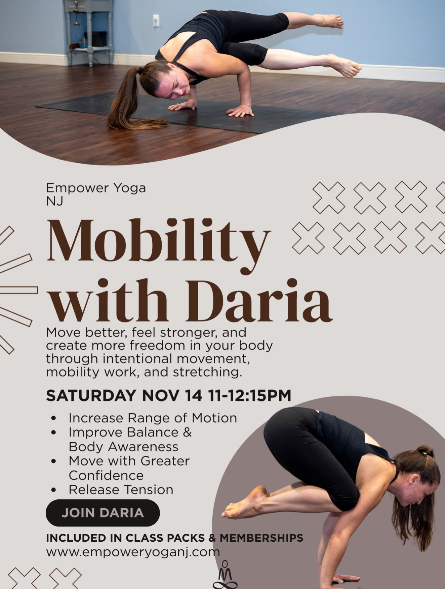 Ready to move a little differently? 🤸&zwj;♀️✨

Meet us on the mat for Mobility with Daria on Saturday, November 14, from 11&ndash;12:15 PM! This is your chance to stretch, explore new ranges of motion, release tension, and build a little more freedo