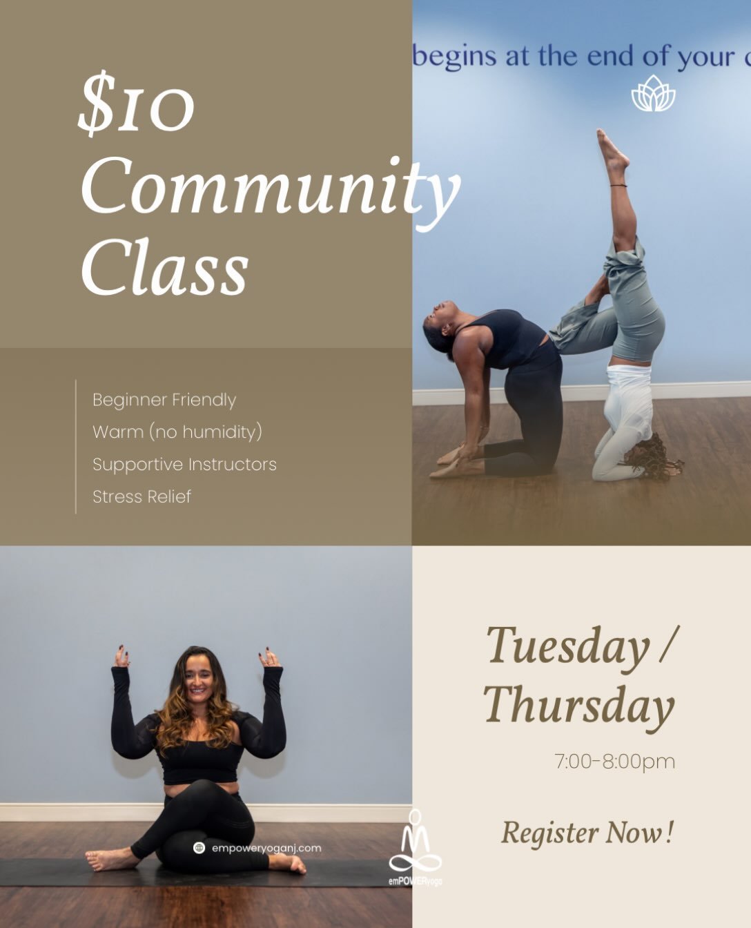 ✨ Your midweek reset is calling! ✨

Yoga doesn&rsquo;t have to be intimidating, and it doesn&rsquo;t have to break the bank. 💜 Our $10 Community Classes are the perfect place to move, breathe, de-stress, and connect with a welcoming community.

🌿 B