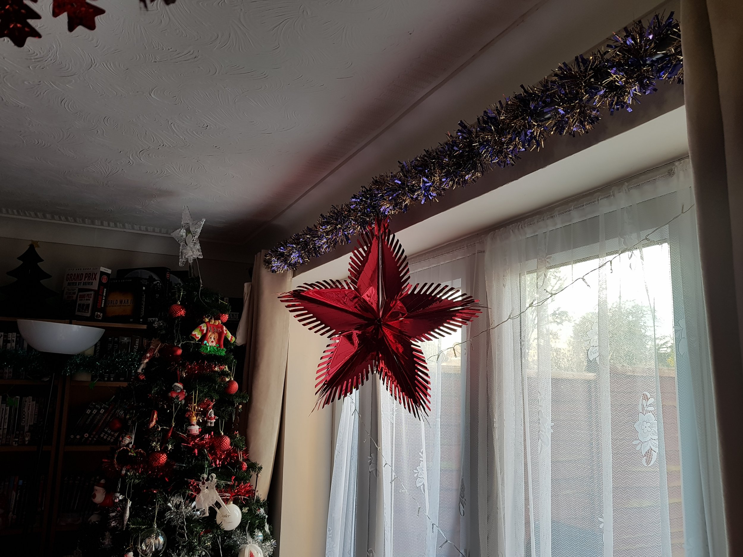 Christmas tree, tinsel and foil star decoration