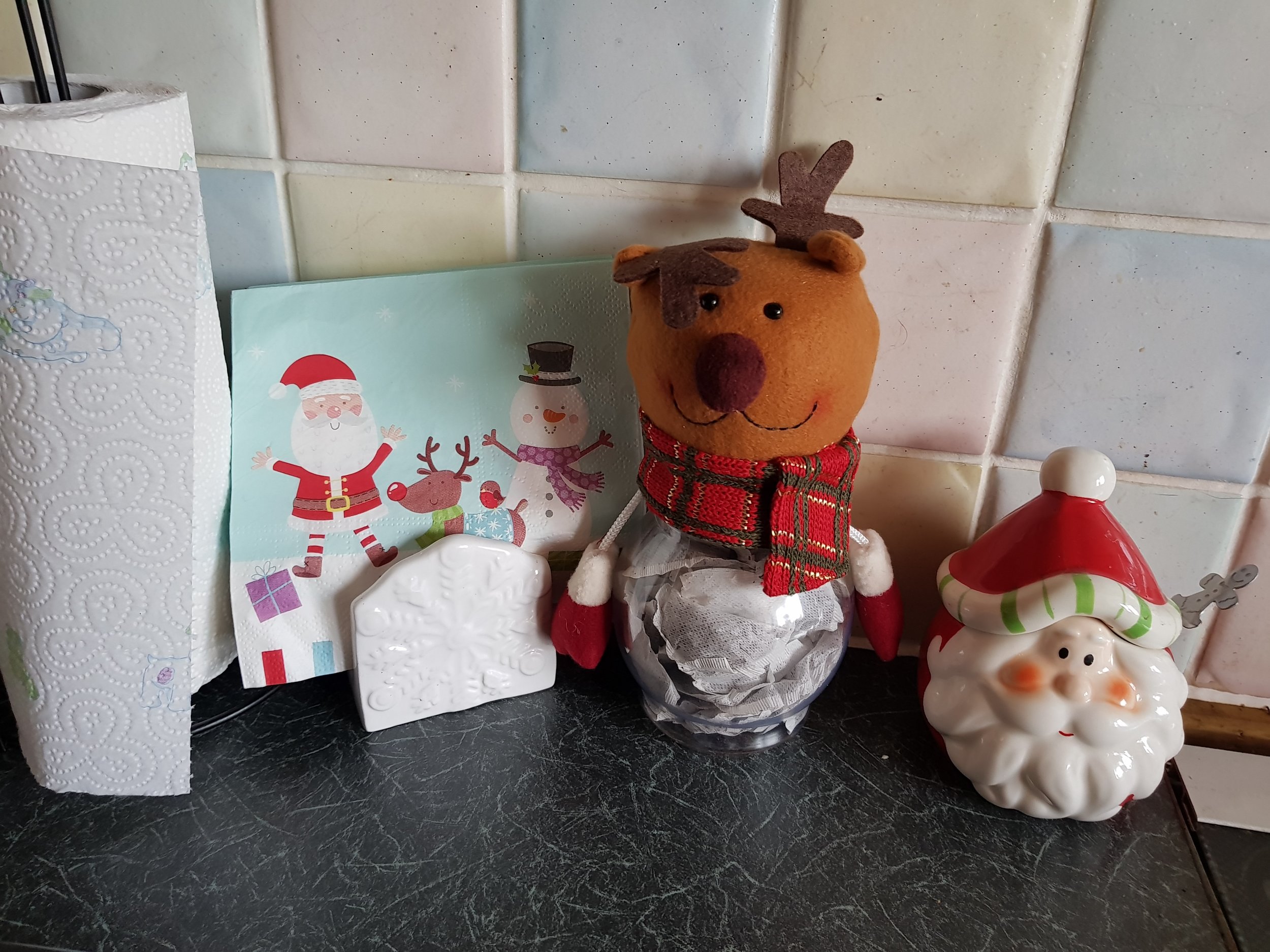 Christmas kitchen roll napkin holder tea bag jar and sugar pot
