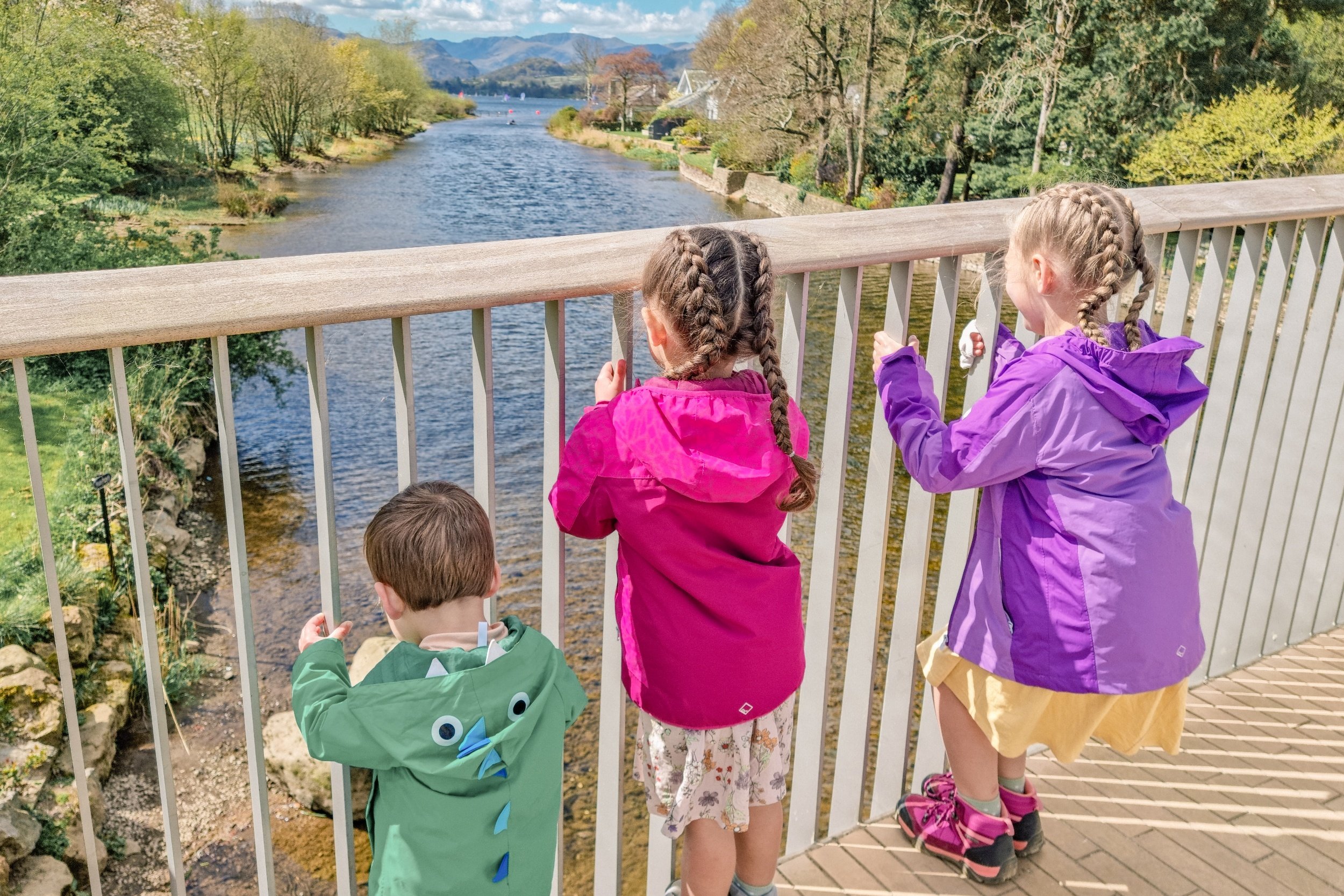 Squidgy, Pickle and Munchkin are stood on Pooley Bridge, holding onto the bars  looking down at River Eamont.