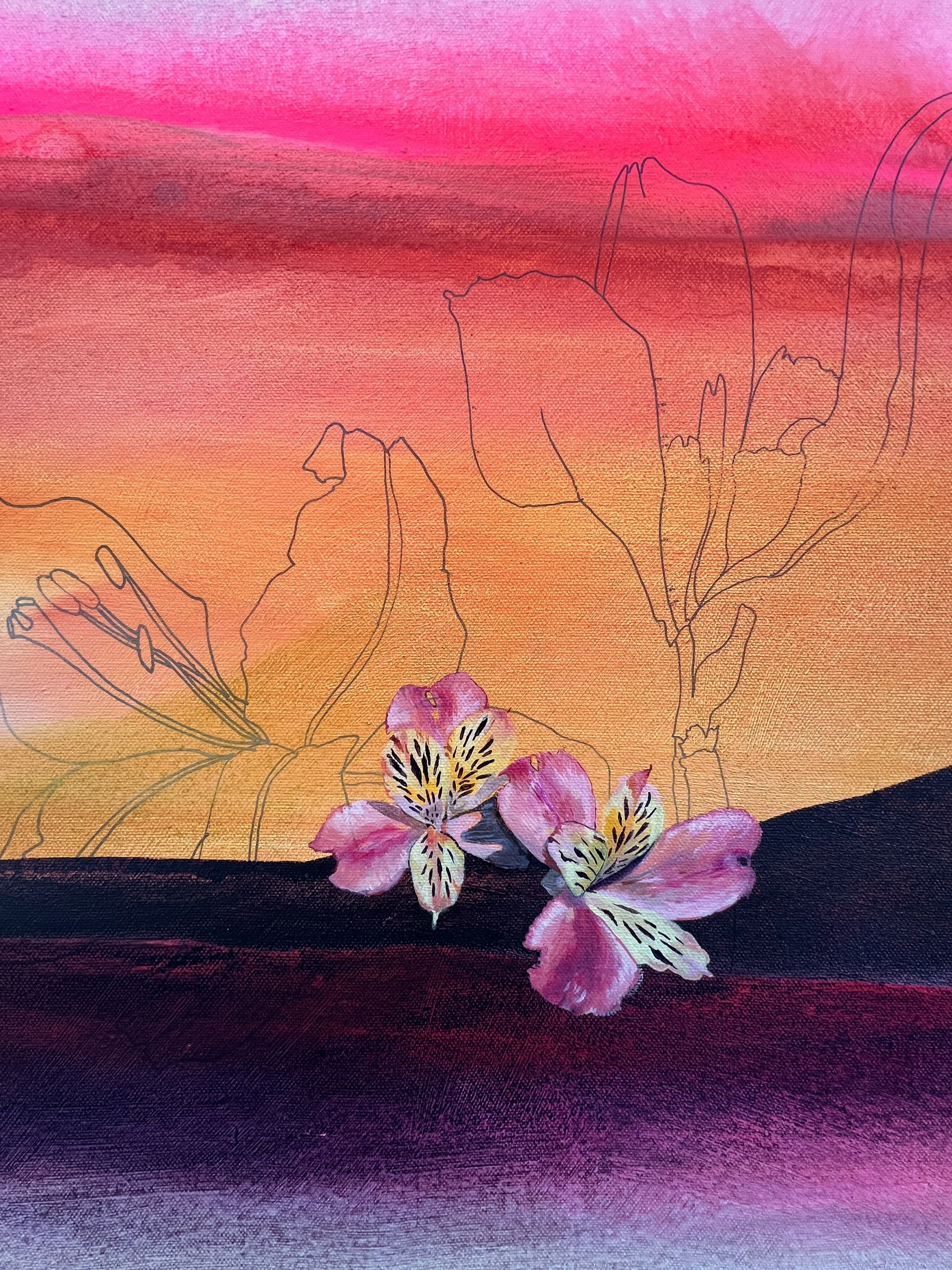 image of Peruvian Lilies fuschia pink colored flowers against an orange and maroon background with line drawings of lilies
