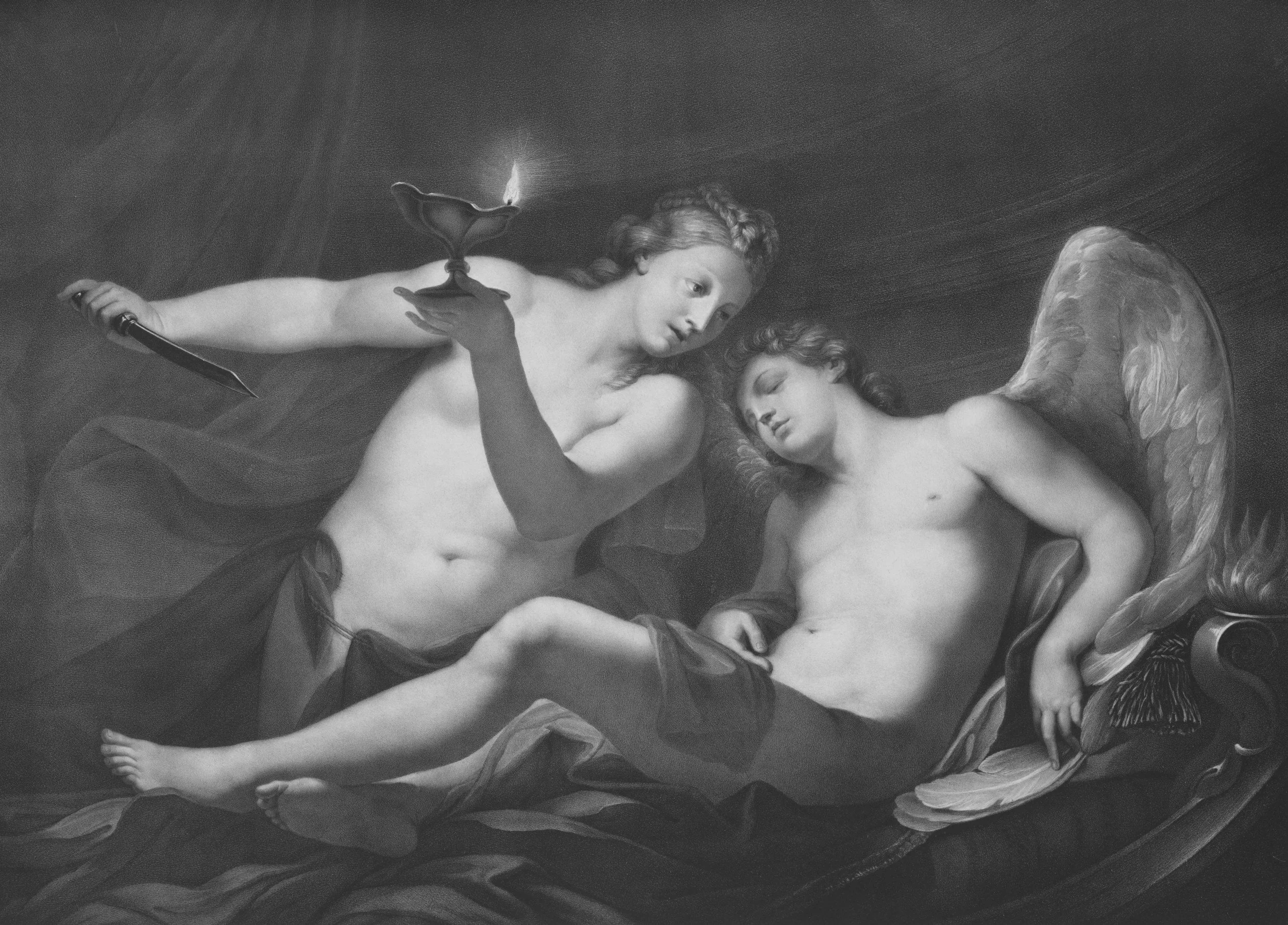Classical artwork showing a woman holding a lamp and a knife, leaning over a sleeping man with wings.