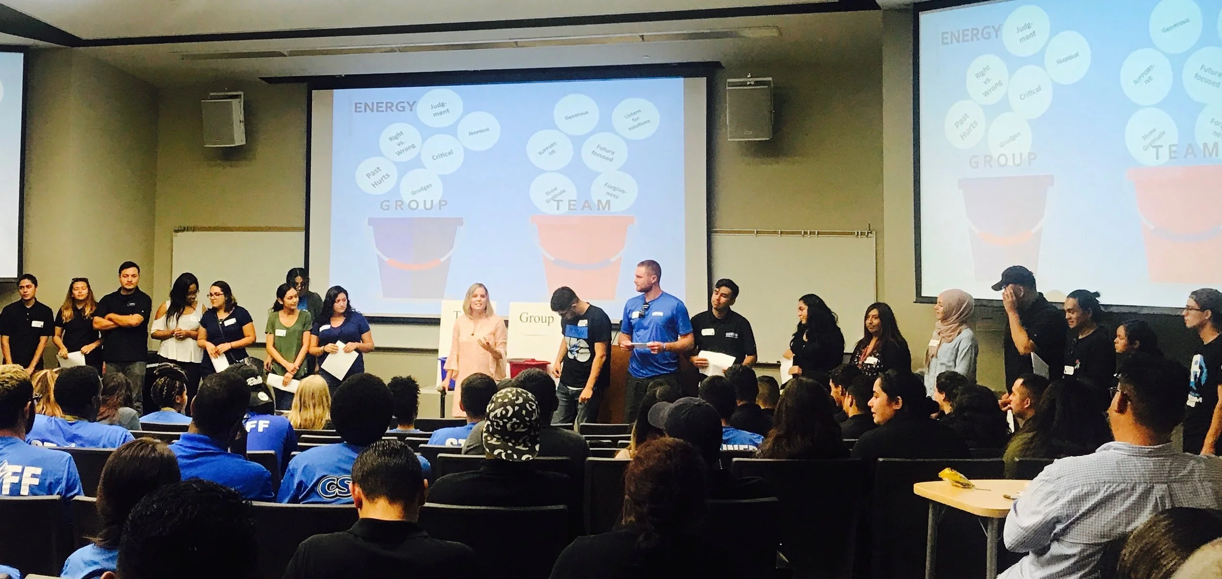 Susan doing a Group to TEAM keynote for over 200 student workers at Cal State San Bernardino last month. 