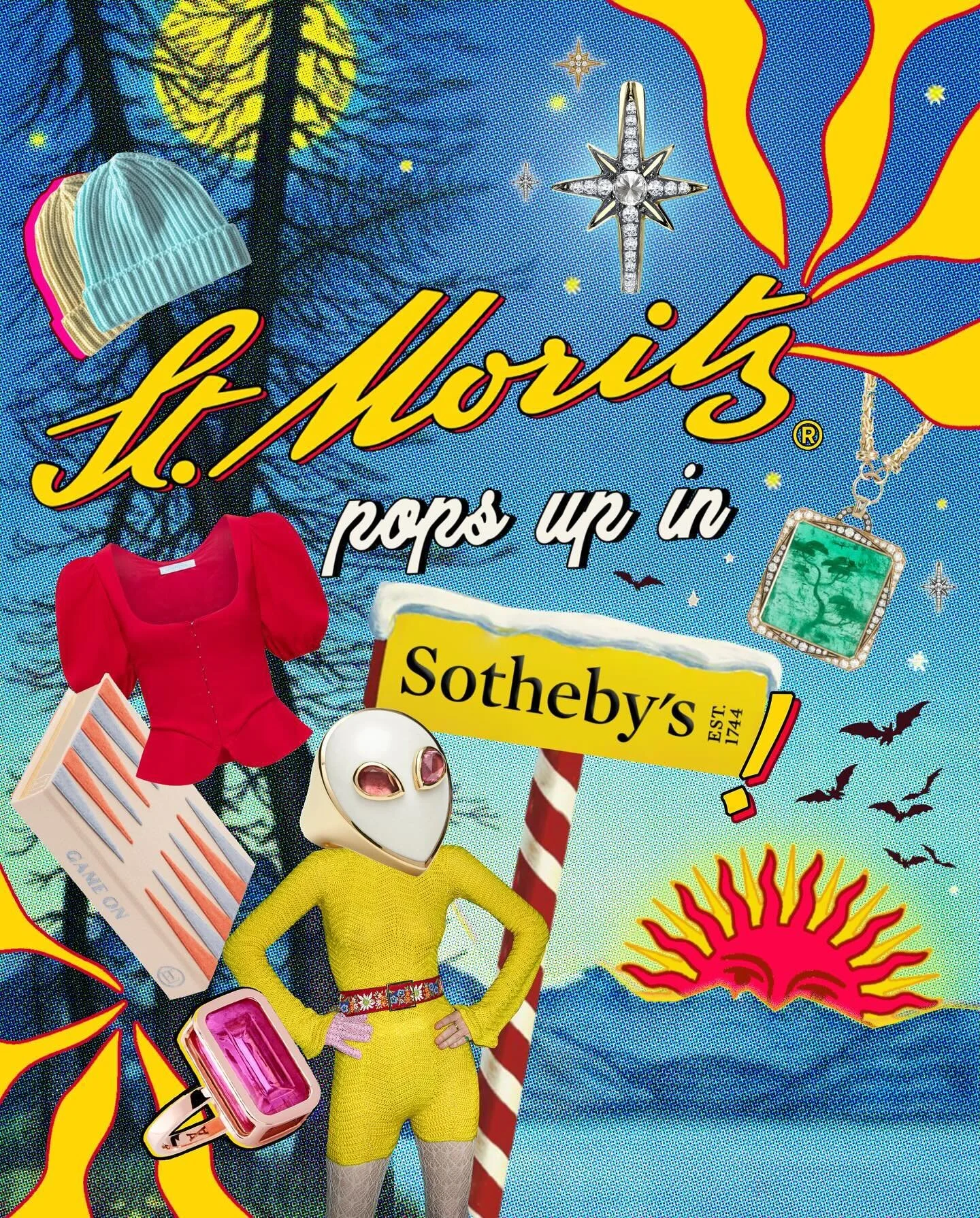 🛸🌲Christmas has come early as 'St. Moritz Pops Up in Sotheby's!' Catch this curated, one-off sale this October 28th-November 5th at Sotheby's Bond St. in London, including a special Alpine themed print collaboration of mine with @annina.dirndl 
💥C