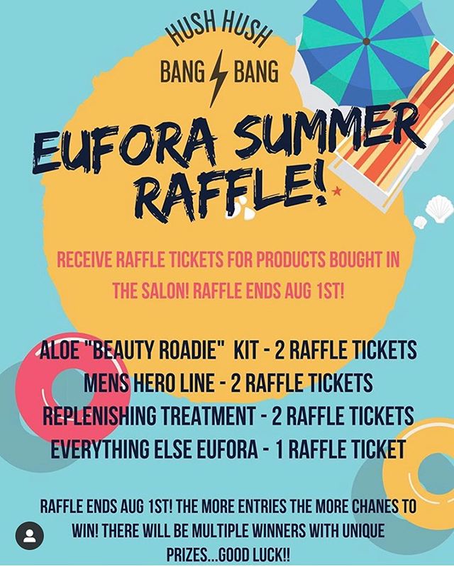 ☀️EUFORA SUMMER GIVEAWAY ☀️
Purchase any #Eufora product from @hushhushbangbangoc and get a/some raffle tickets. One prize will be a gift basket &mdash;&mdash;&gt;Swipe left for image.
*multiple prizes to be won
#hushhushbangbang #raffle #eufora #euf