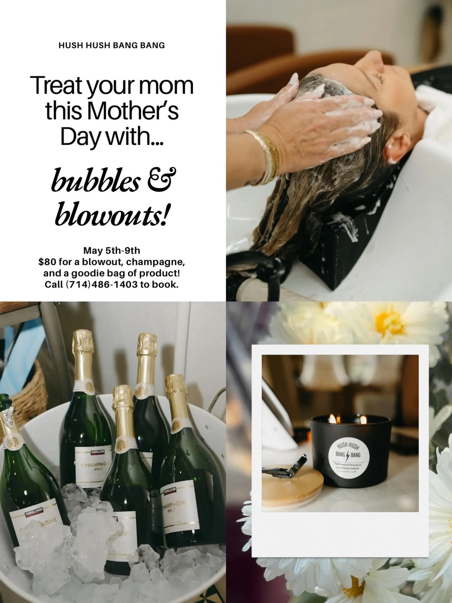 Join us Tuesday, May 5th &ndash; Saturday, May 9th for a little self-care before Mother&rsquo;s Day ✨🥂 
Enjoy bubbles &amp; blowouts and treat yourself &mdash; you deserve it 🤍
