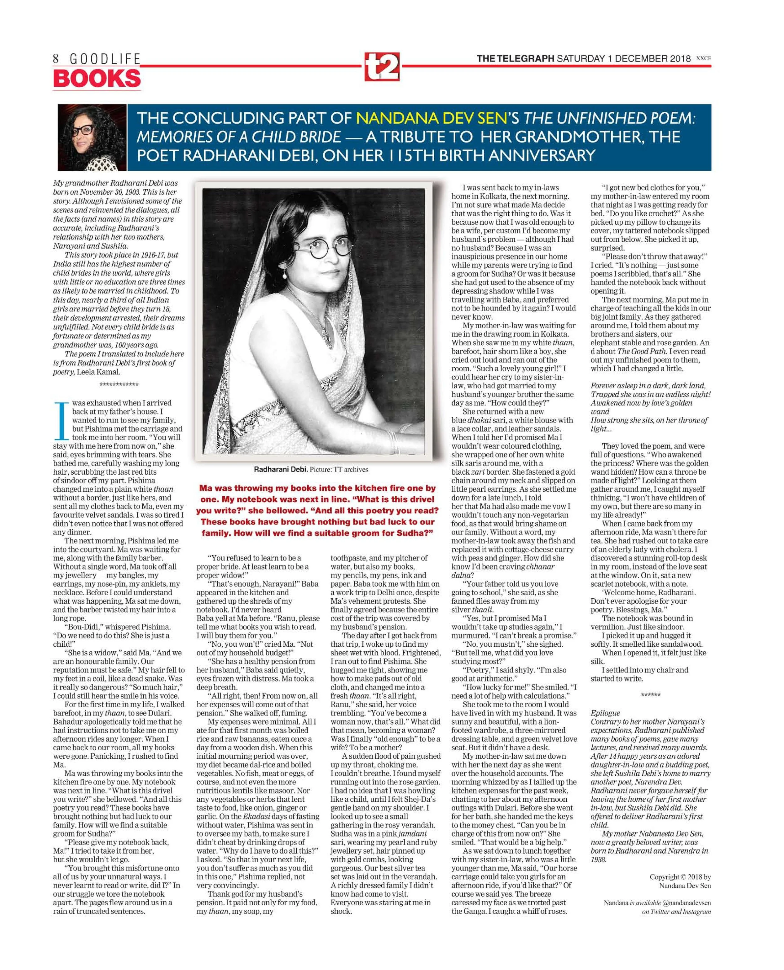 The Unfinished Poem: Memories of a Child Bride - click here for Part III Telegraph India December 1, 2018