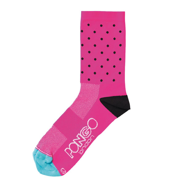 PONGO Pink Dotty Cycling Socks Price: £15 Pongo fluoro pink socks add an on-trend pop of colour to any kit. Note: Pongo stands for ‘Passion On The Go’ rather than stinky.