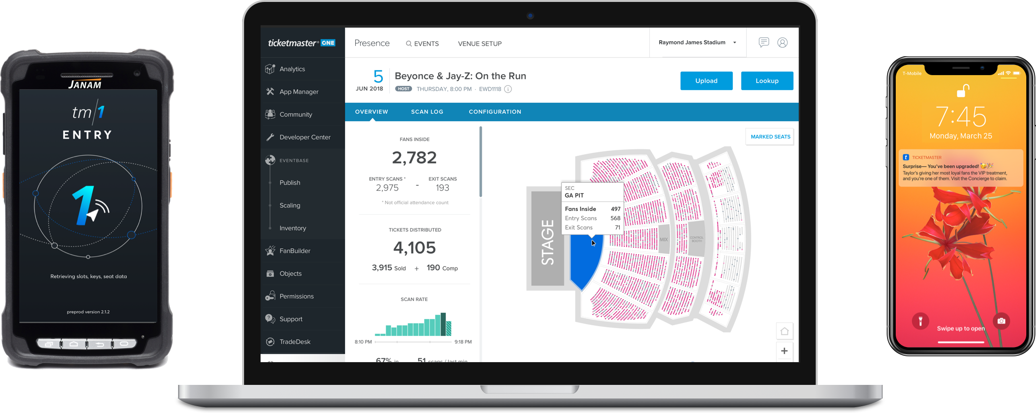 The suite of Presence products (from left-to-right): an Android scanner app retro-fitted with surrounding hardware, frontend UI called TM1 Entry with an updated dashboard displaying real-time attendance data, and messaging capabilities through the Ticketmaster app (coming soon)