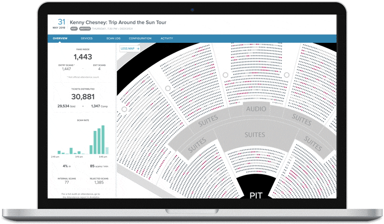 The updated dashboard which will show clients to amount of fans inside their venue at any given time, how many fans have entered in specific time intervals, and which seats are populated with the seat map.