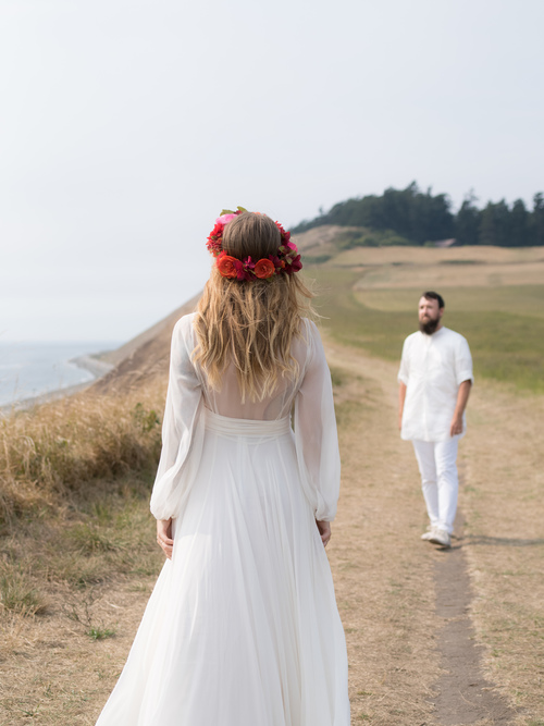 Kelly and Matt Photography by Nastassia Clucas Bruckïn . The wedding of Kelly, in SHAREEN Bridal (the “ Kelly “), and husband Matt. Flowers by Kelly herself. Venue is Aldermarsh Retreat Center /Live Edge Woodworks on Whidbey Island, WA .