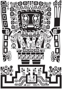 Black-and-white rendering of the central figure of the gate at Tiwanaku, Bolivia, an image developed as the MACLAS logo by past President and longtime active member, the late Professor Jack Child.