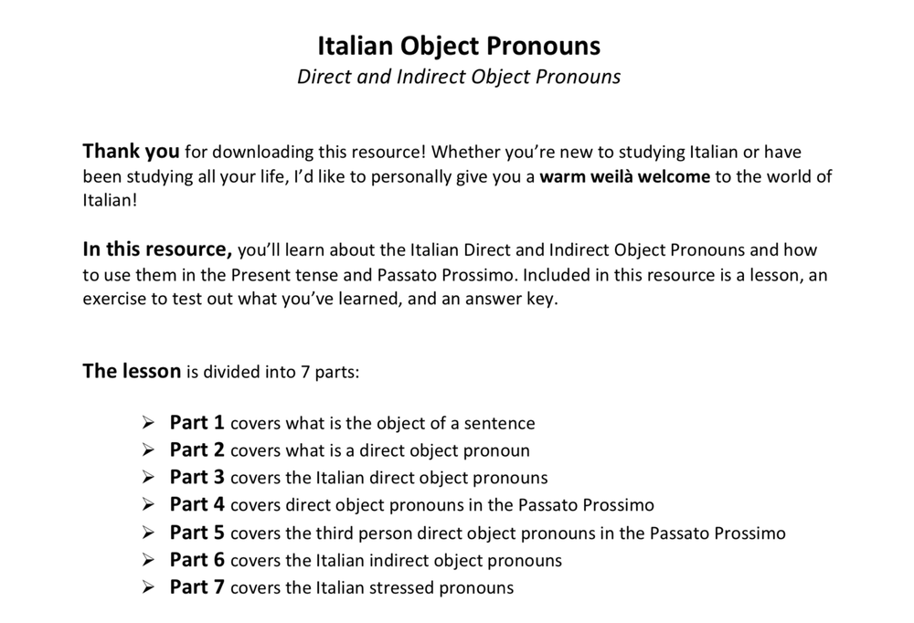 Italian Direct & Indirect Object Pronouns Resource + Exercise — Weilà!